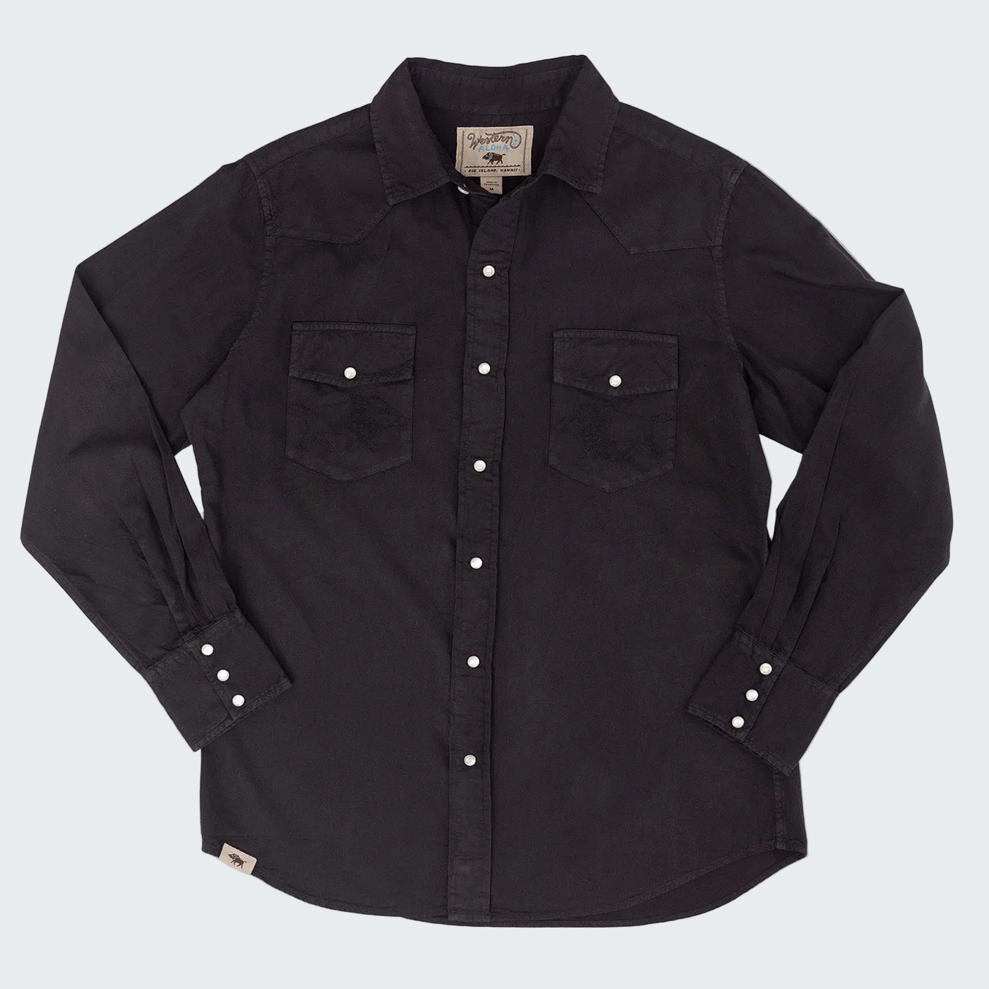 Black button-up shirt with two chest pockets on a white background