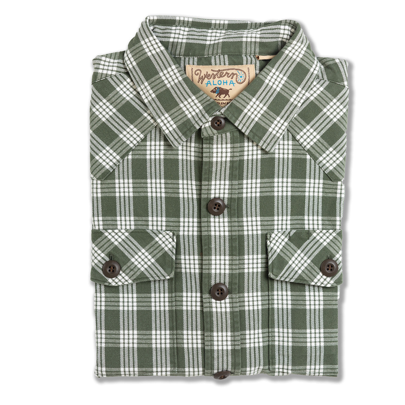 Folded green plaid shirt with brown buttons on a white background