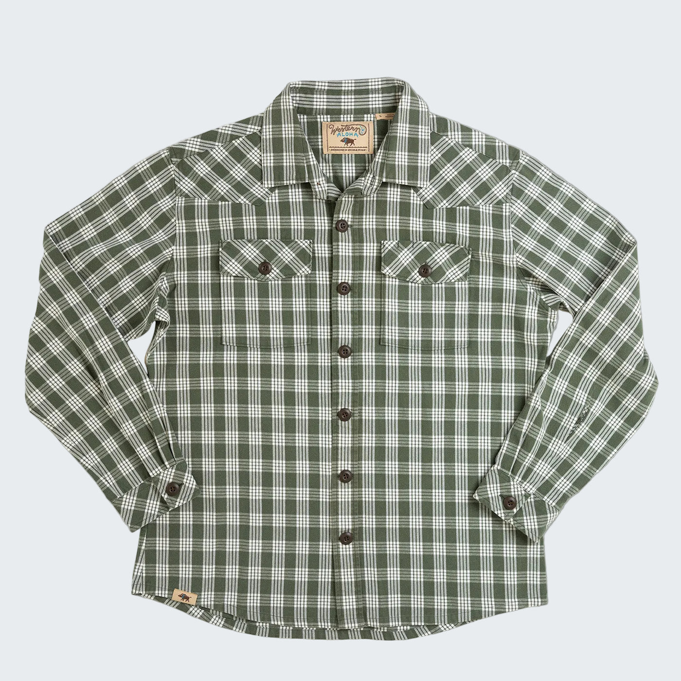 Green plaid shirt with button details on a white background