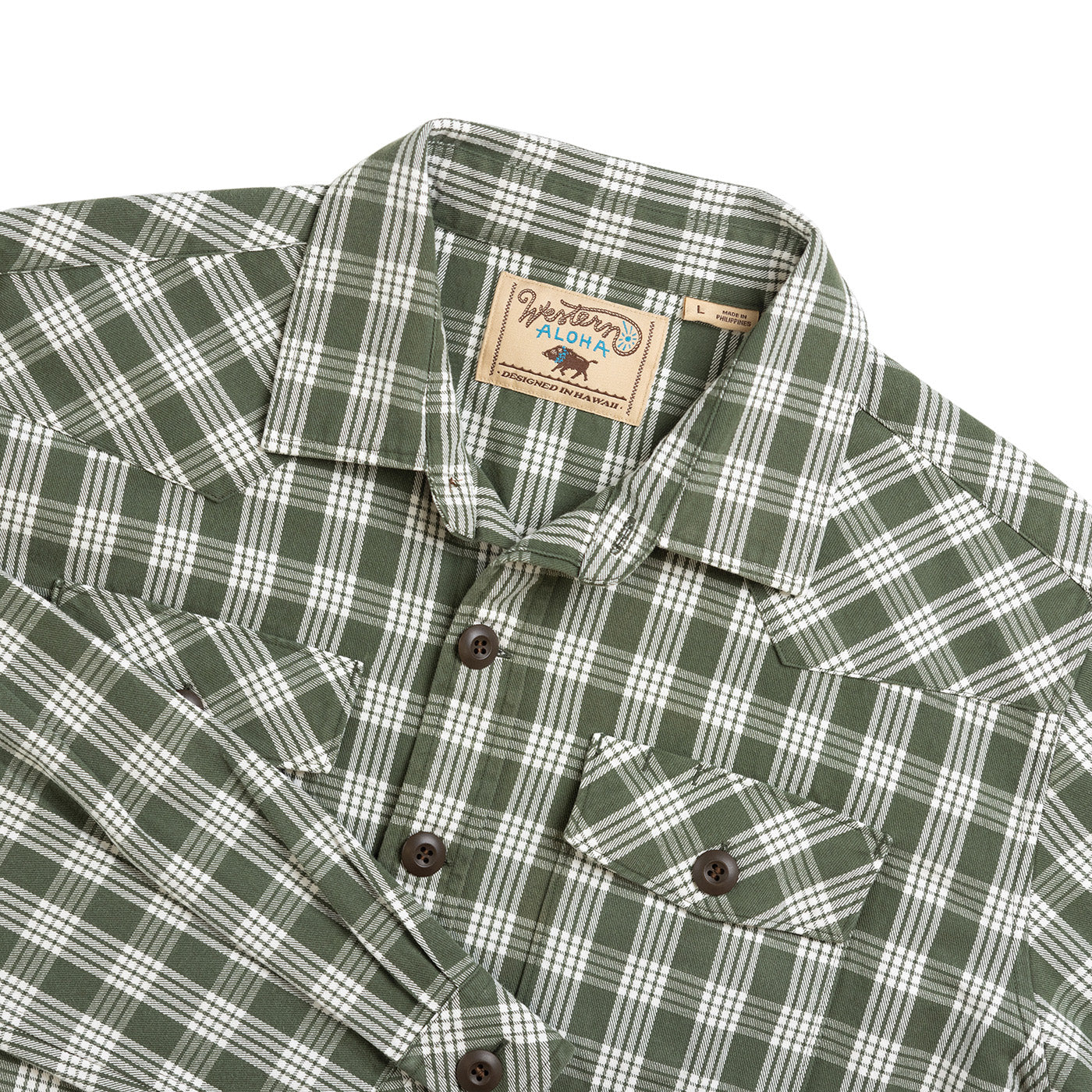 Green and white plaid shirt with a brand label on a white background