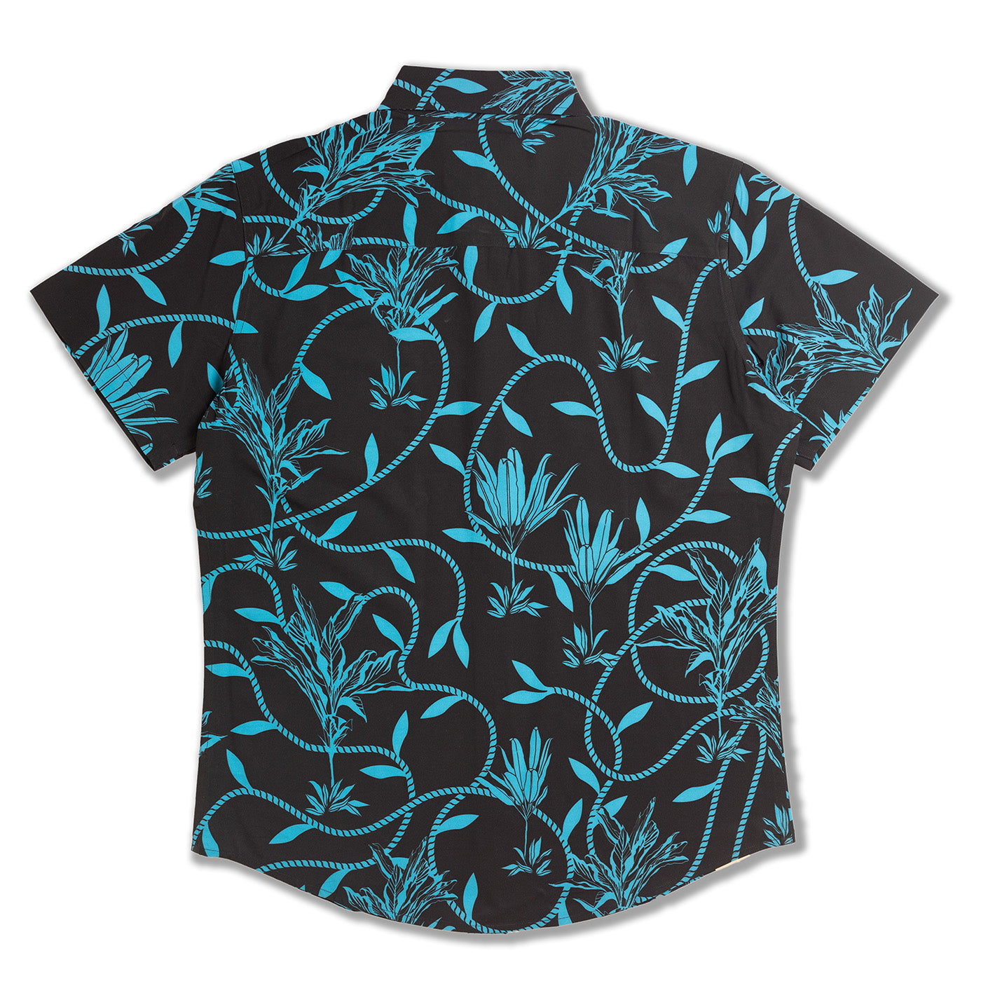 Black shirt with blue floral pattern on a white background