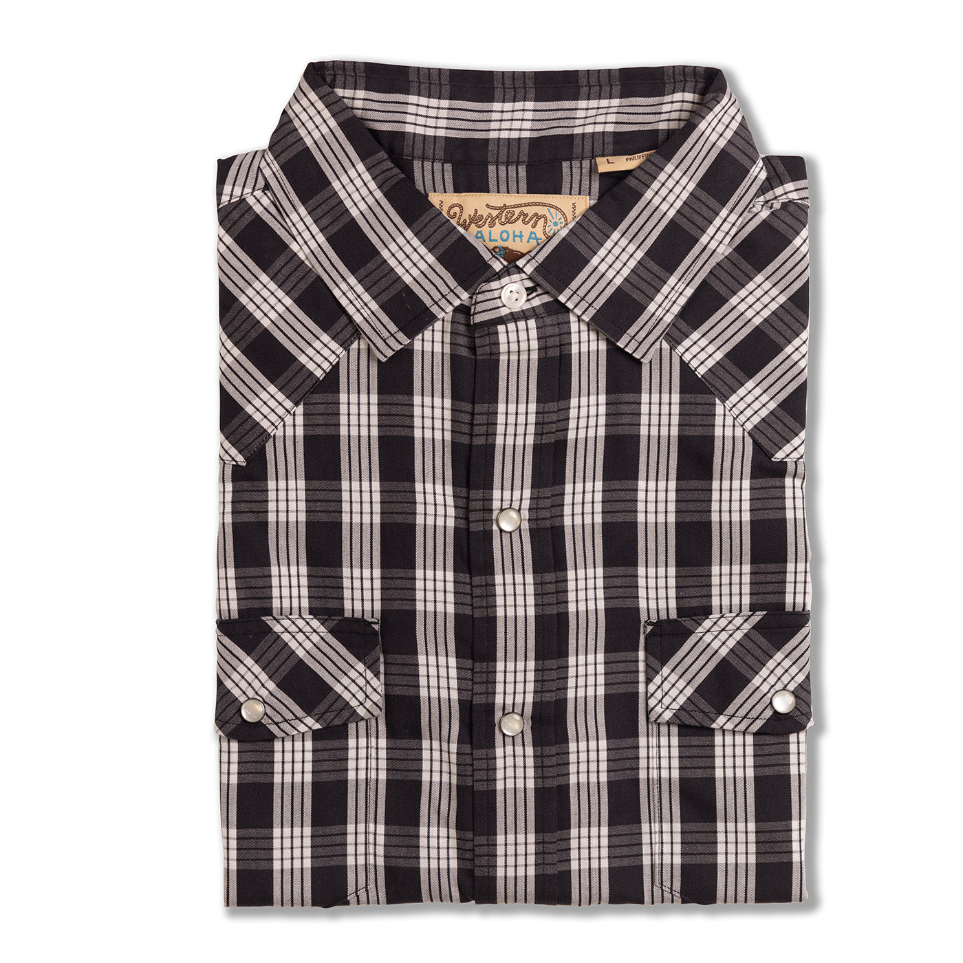Black and white plaid shirt with 'Western' label on a white background