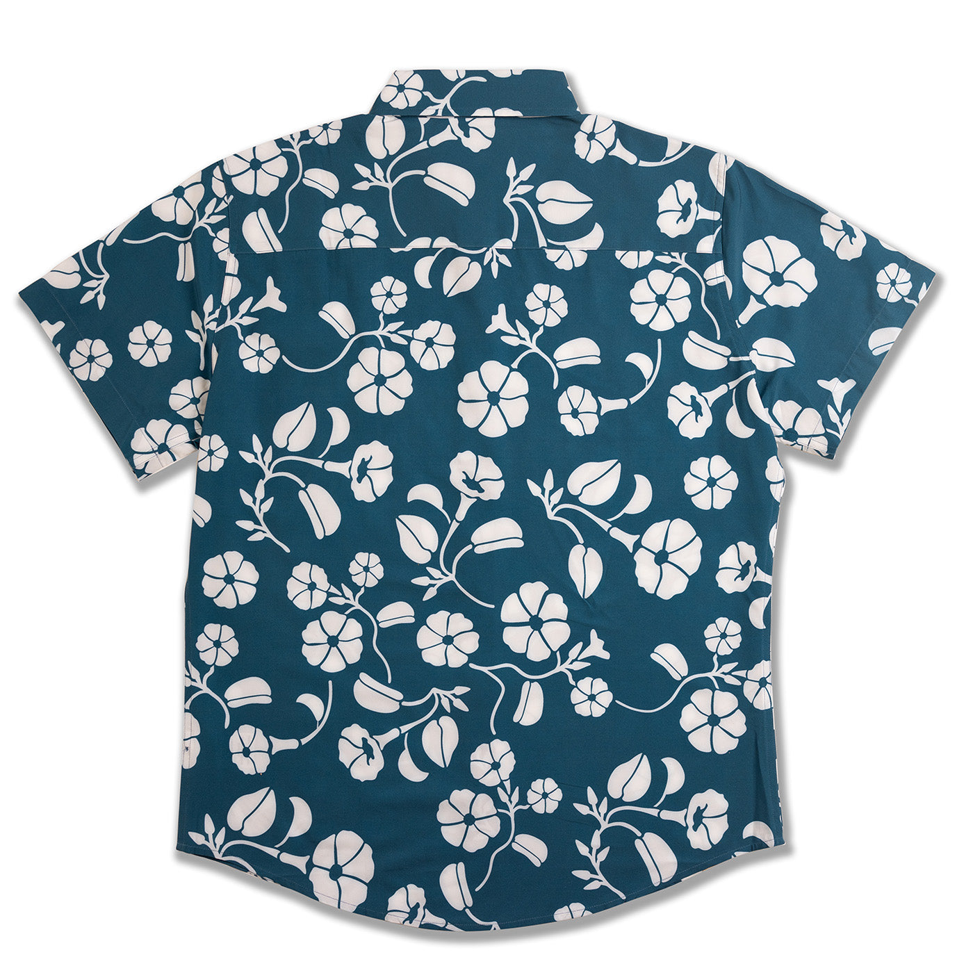 Blue shirt with white floral pattern on a white background