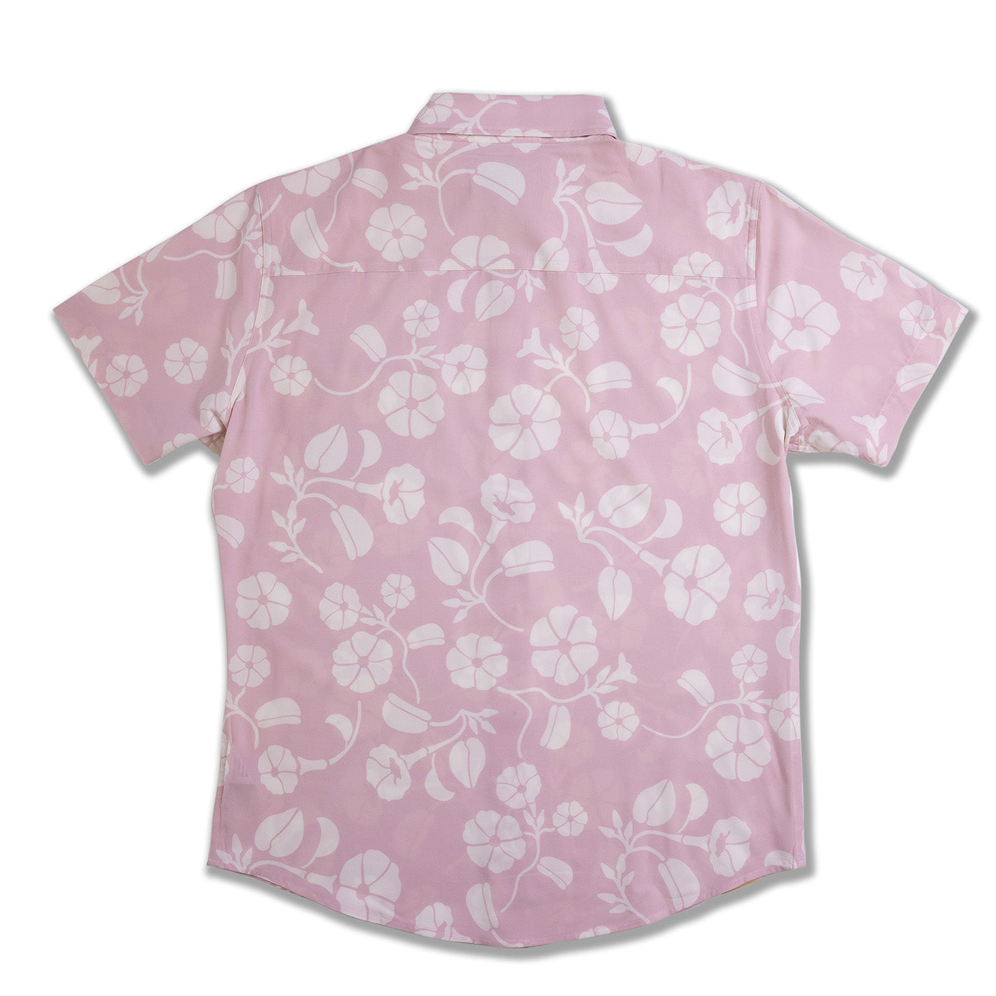 Pink shirt with white floral pattern on a white background