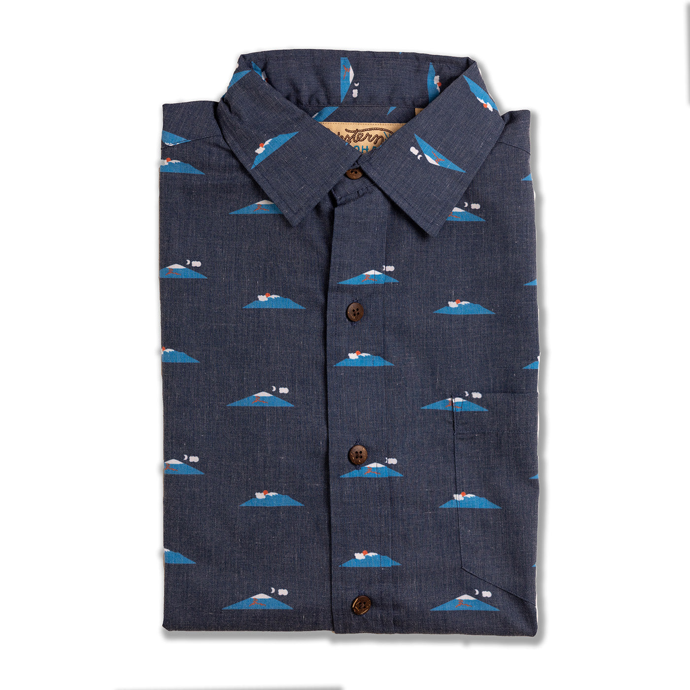 Folded navy blue shirt with small graphic pattern on a white background