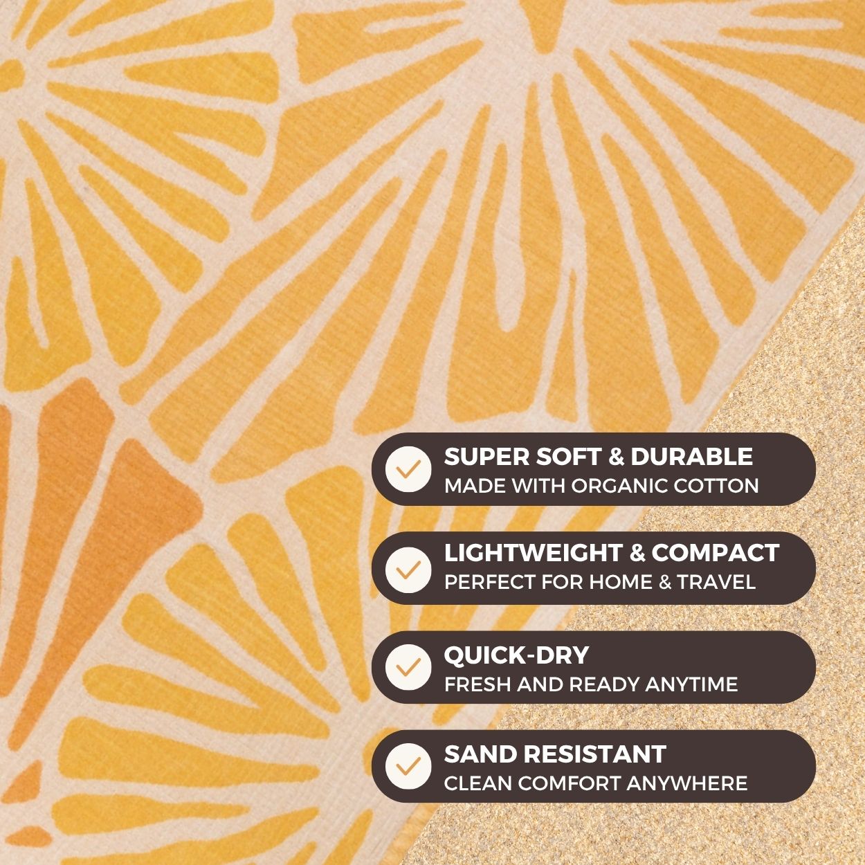 Textured yellow and beige fabric with product features listed below.
