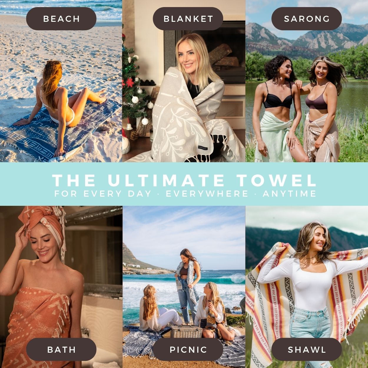Collage of people using towels for various activities with text labels.