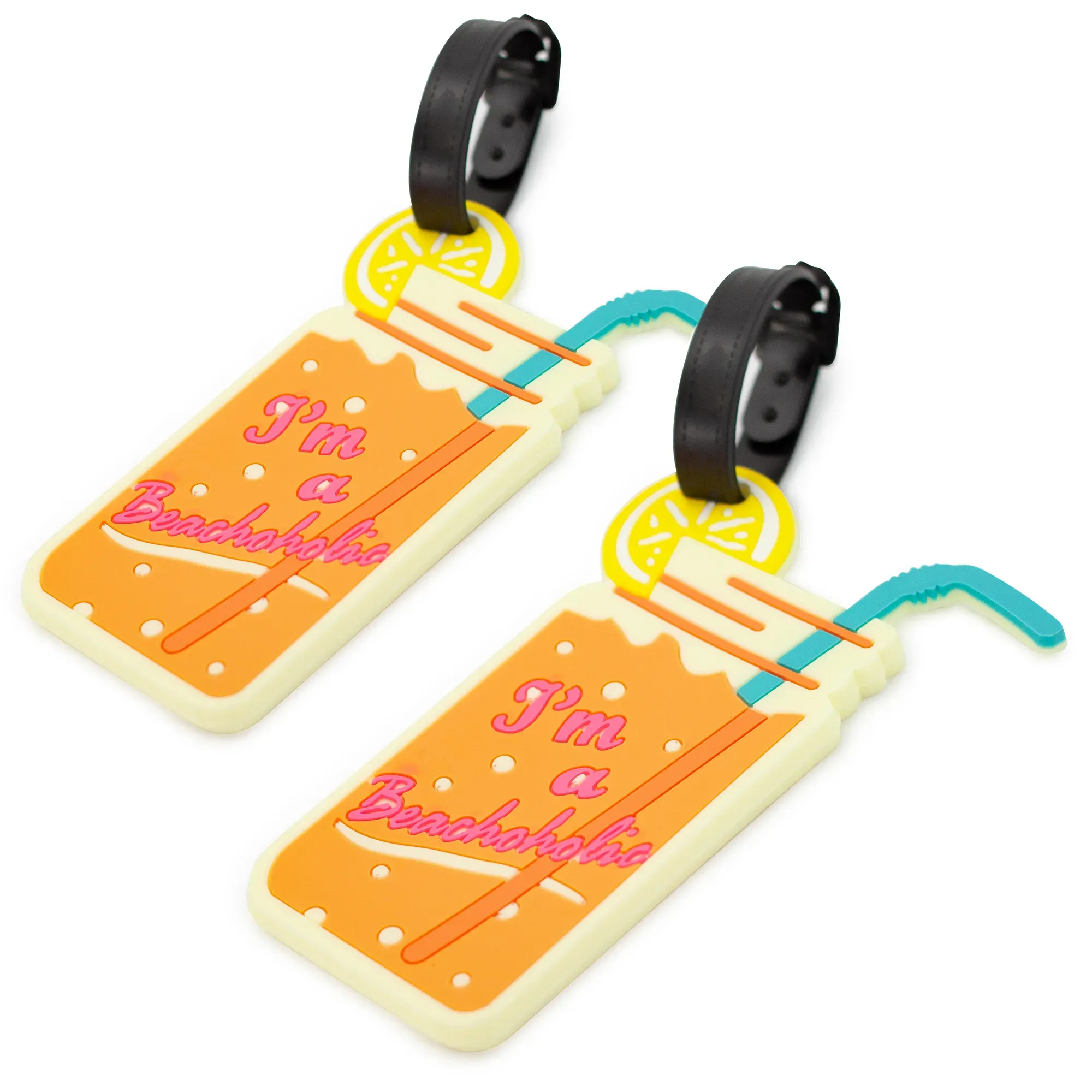 Two beach-themed luggage tags with a drink design and 'I'm a Beachholic' text on a white background.