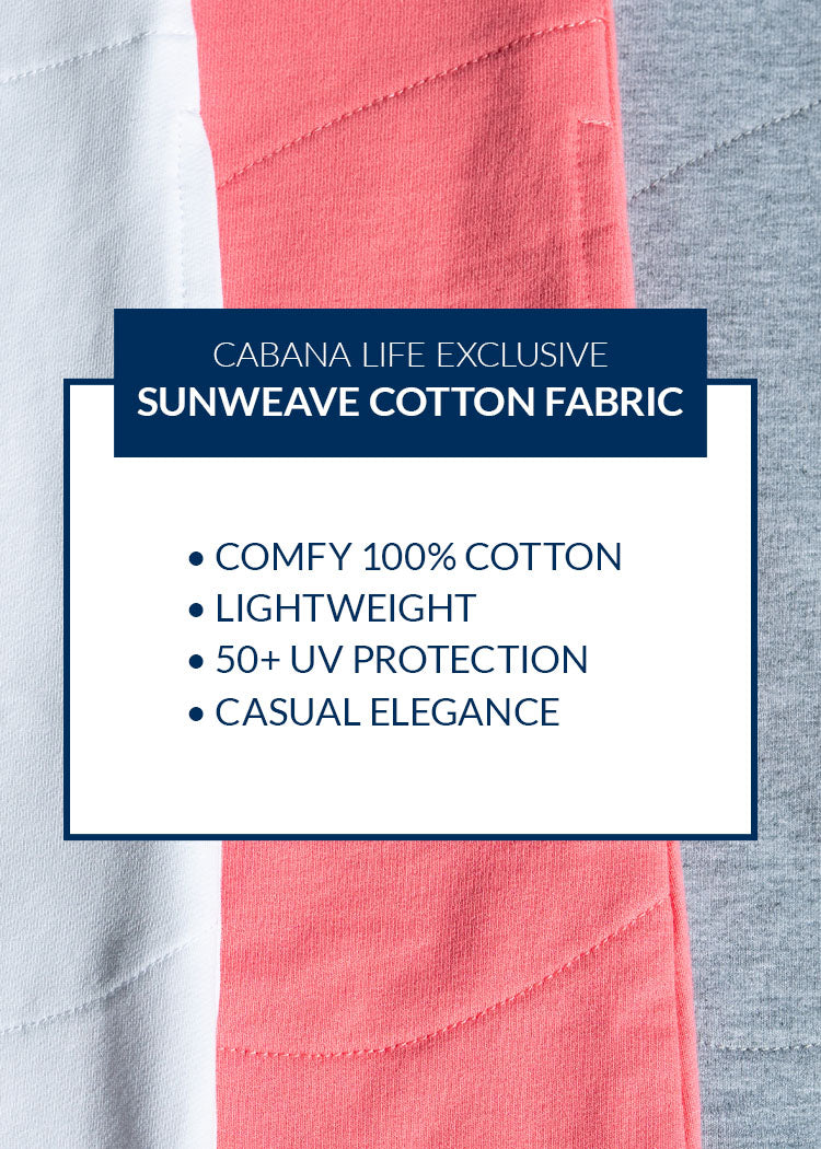 Close-up of a fabric with text highlighting 'Sunweave Cotton Fabric' from Cabana Life.
