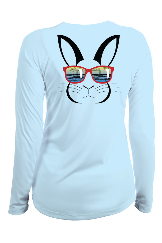 Light blue long-sleeve shirt with a rabbit graphic wearing sunglasses on a white background