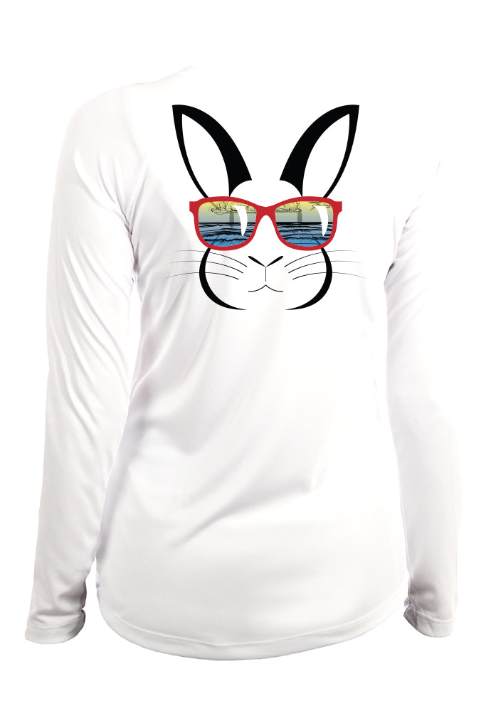 White long-sleeve shirt with a rabbit design wearing sunglasses on a white background