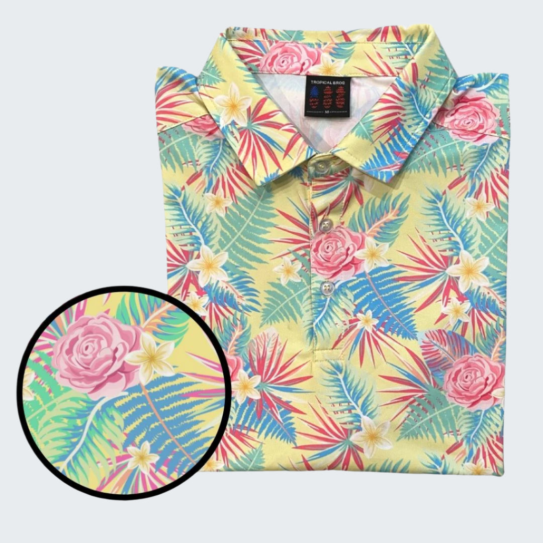 Colorful floral patterned shirt with a close-up of the design on a white background