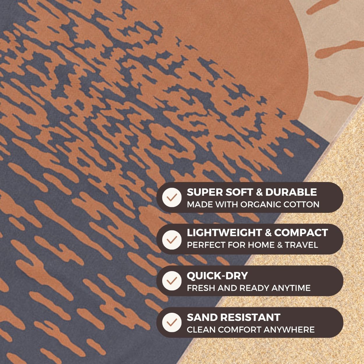 Textured fabric background with product features listed.