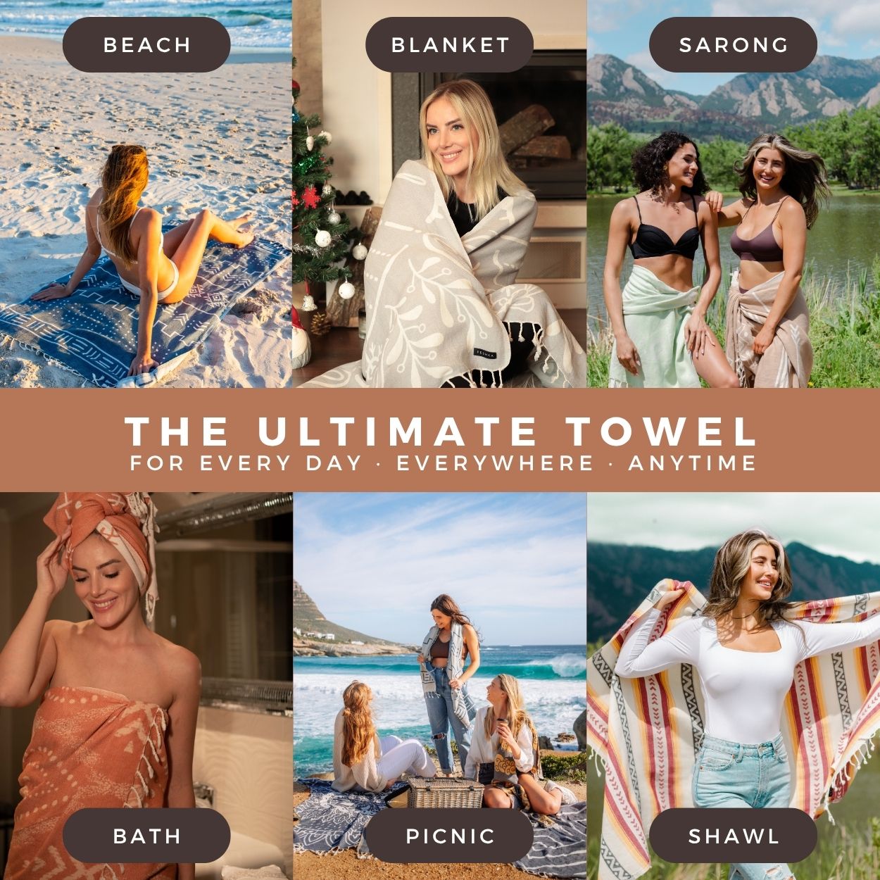 Collage of people using towels for various activities with text 'The Ultimate Towel' at the bottom.