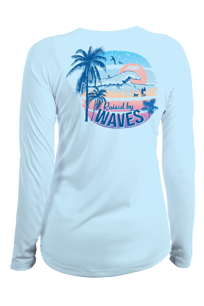 Light blue long-sleeve shirt with a palm tree and beach graphic on a white background