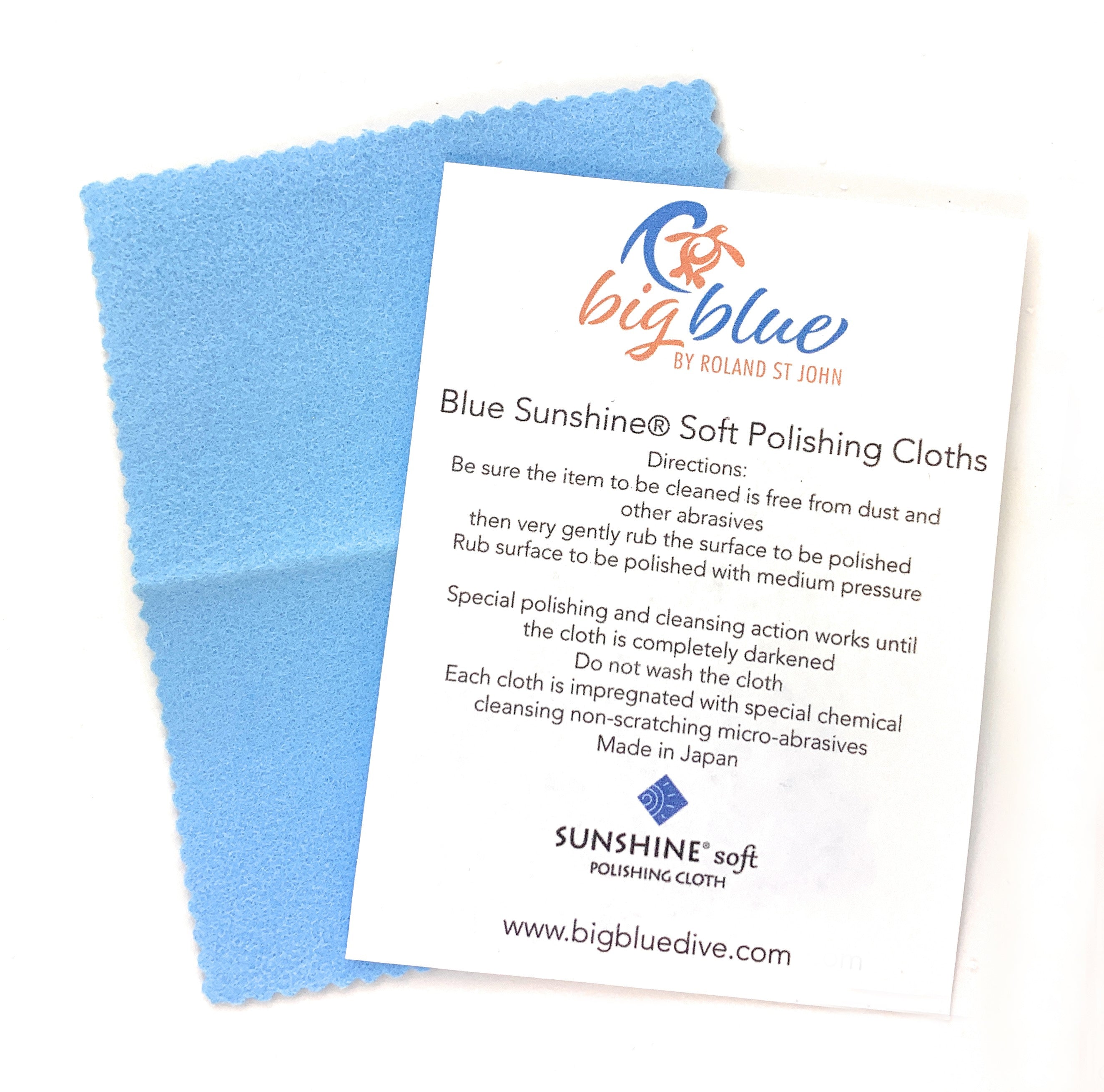 Blue Sunshine soft polishing cloth with instructions on a white background