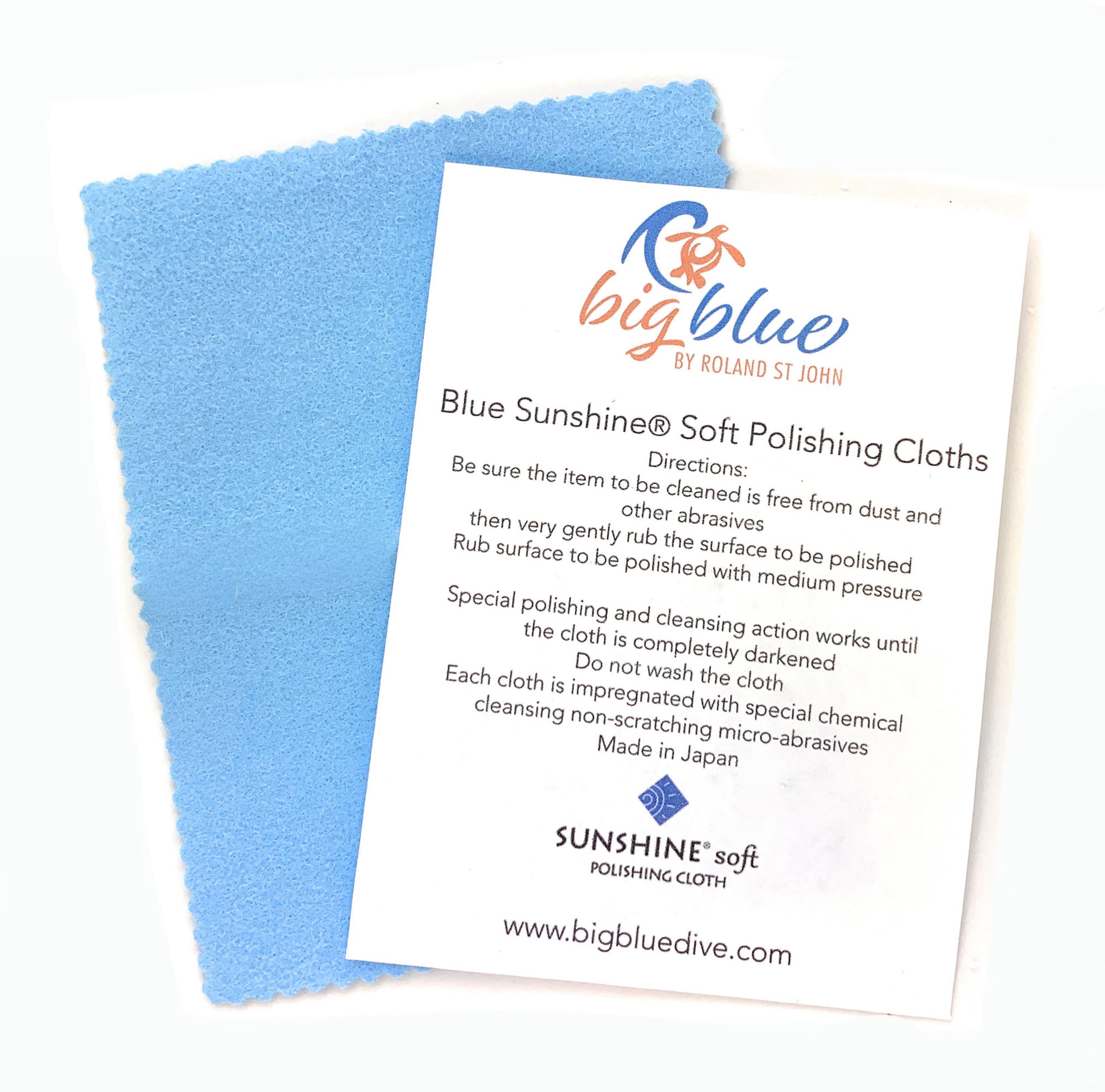 Blue Sunshine soft polishing cloth with instructions on a white background