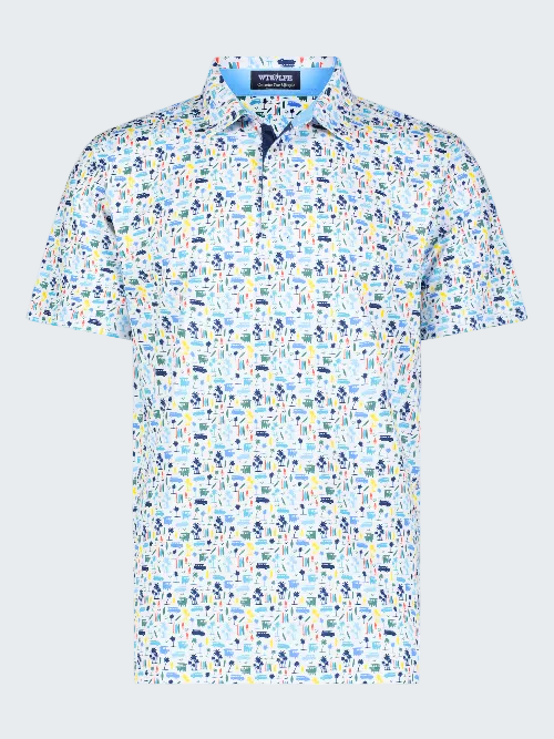 Short-sleeve polo shirt with colorful pattern on a white background