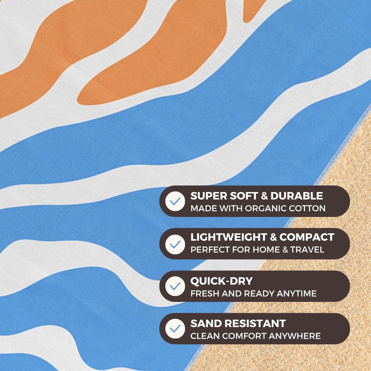 Textured fabric background with color swatches and product features listed.