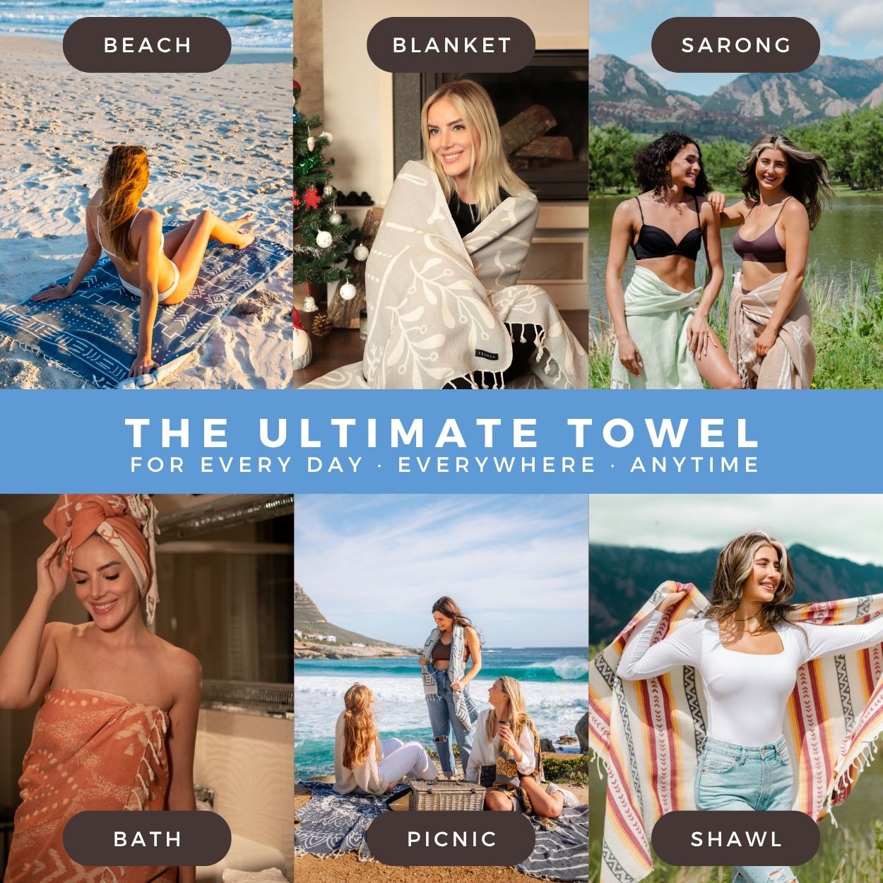 Collage of people using towels for various activities with text 'The Ultimate Towel' at the bottom.