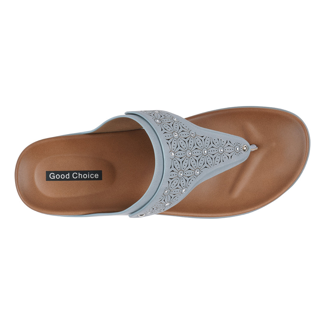 Flip-flop sandal with decorative straps on a white background