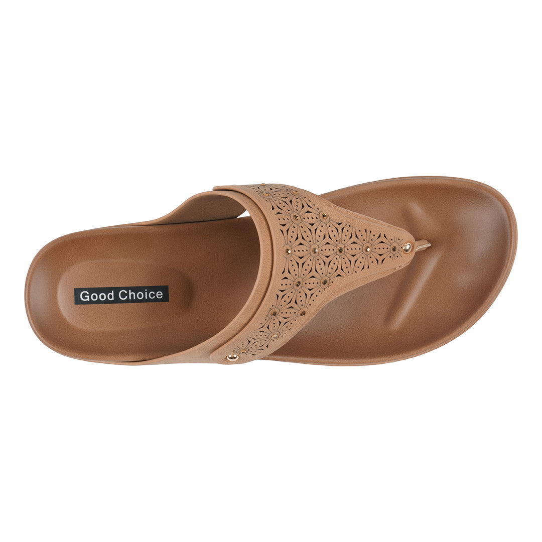 Brown sandal with decorative toe strap on a white background