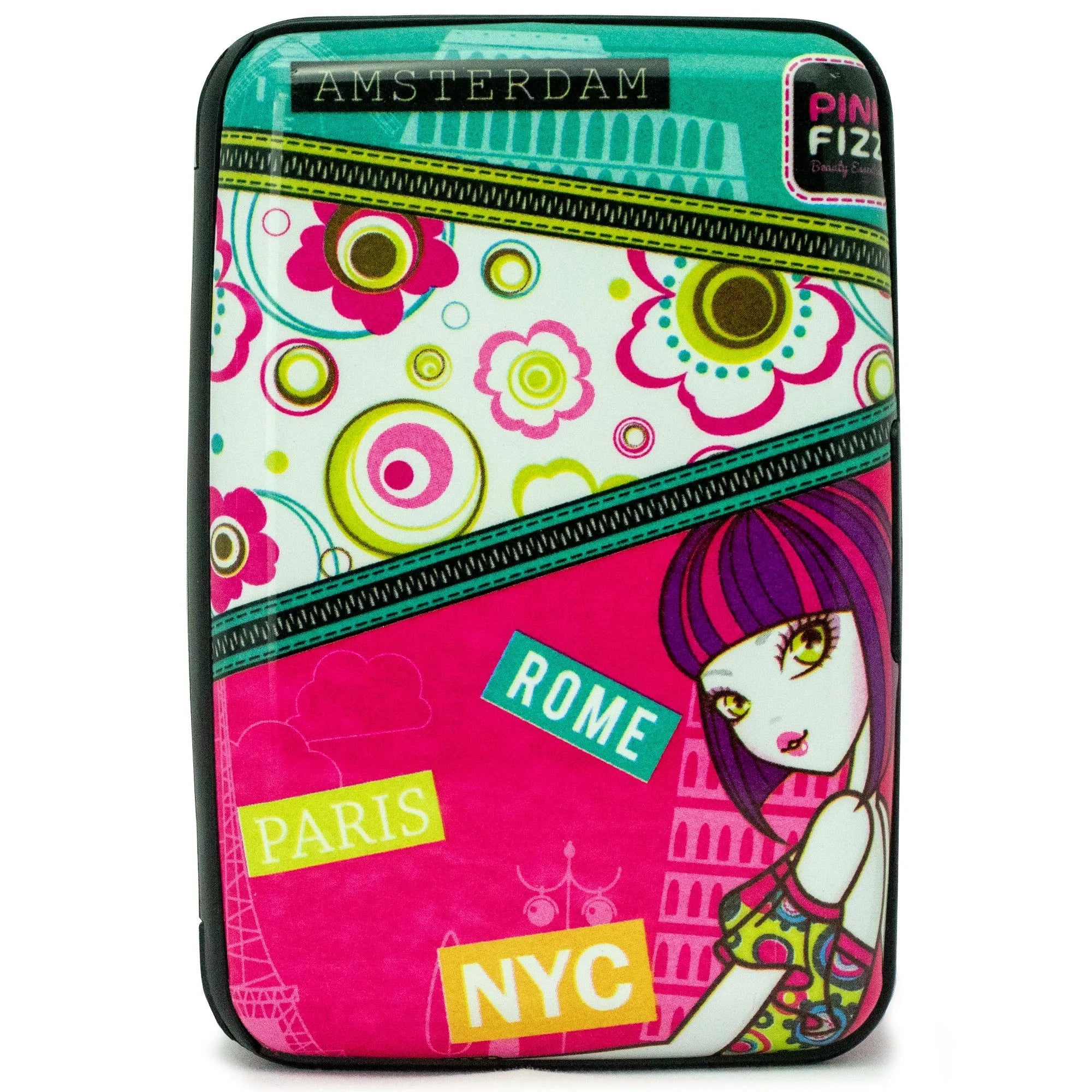 Colorful case with floral patterns, city names, and a cartoon character on a white background
