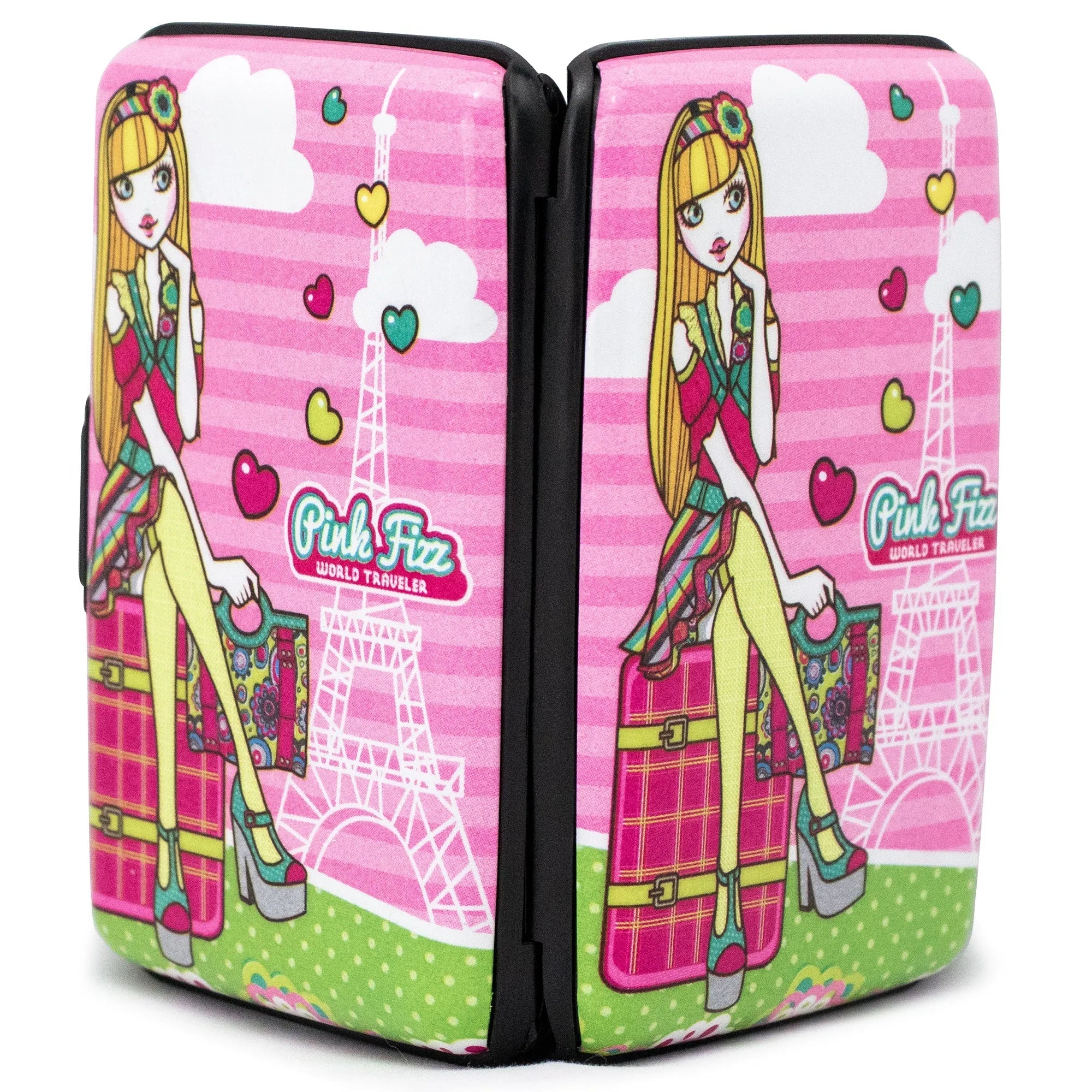 Pink-themed travel case with cartoon character and Eiffel Tower design on a white background