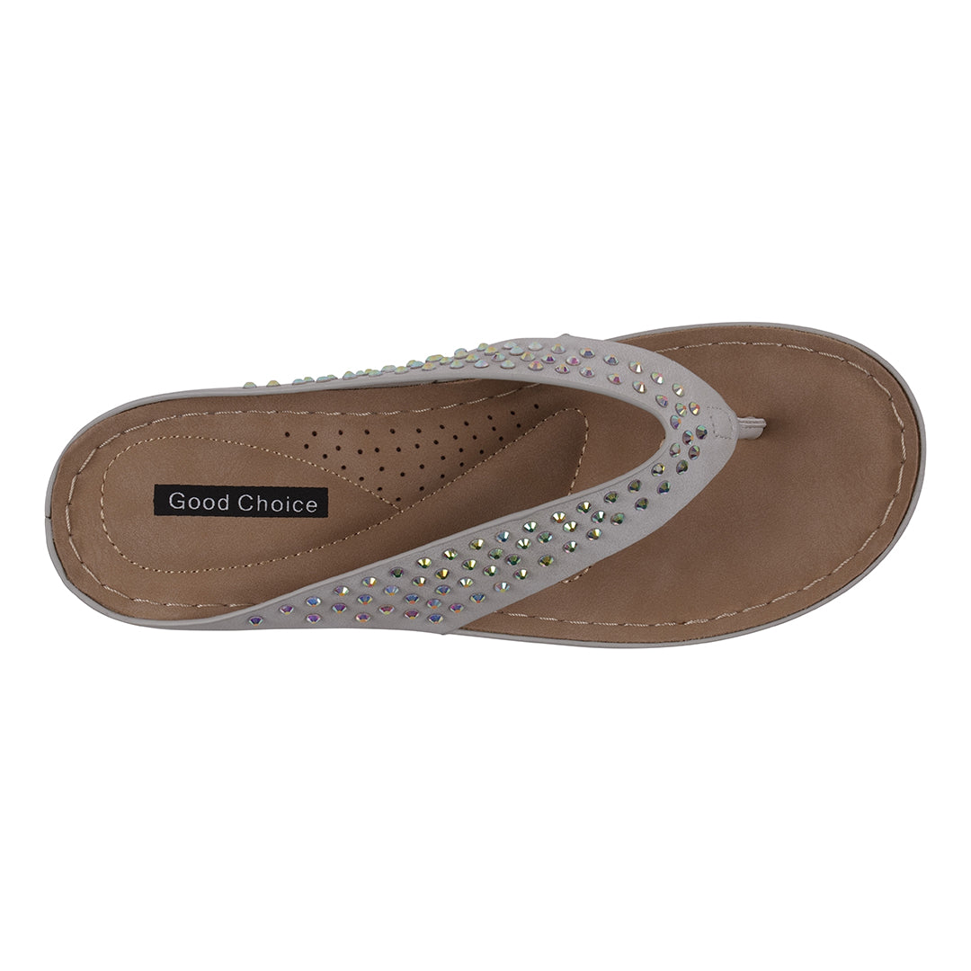 Flip-flop sandal with rhinestone details on a white background
