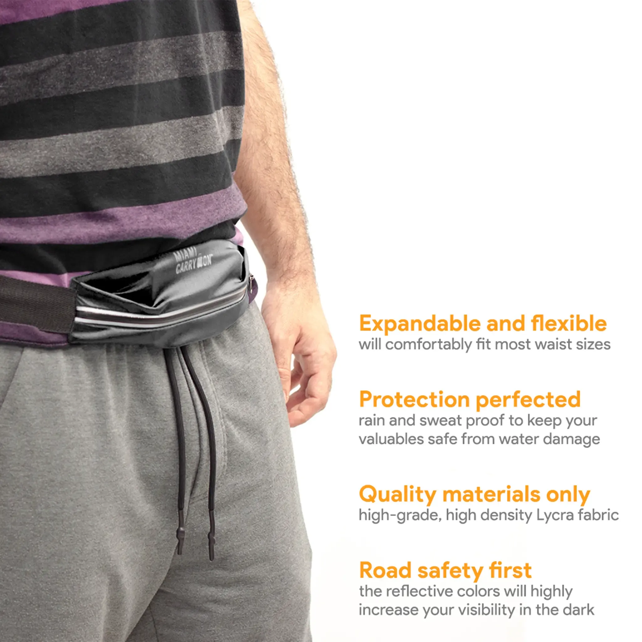 Person wearing a waist bag with text highlighting features on a white background