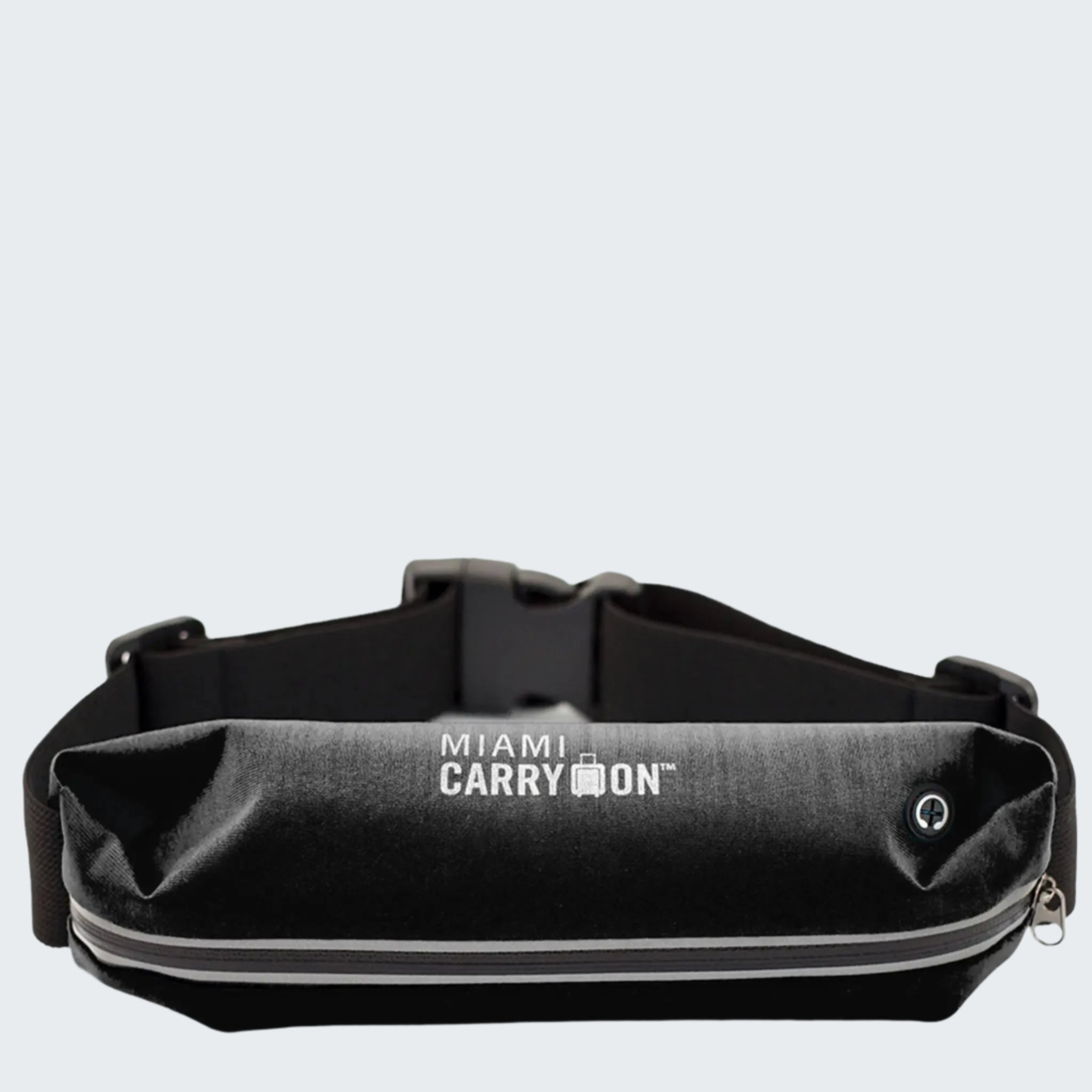 Black waist bag with 'Miami Carry On' logo on a white background