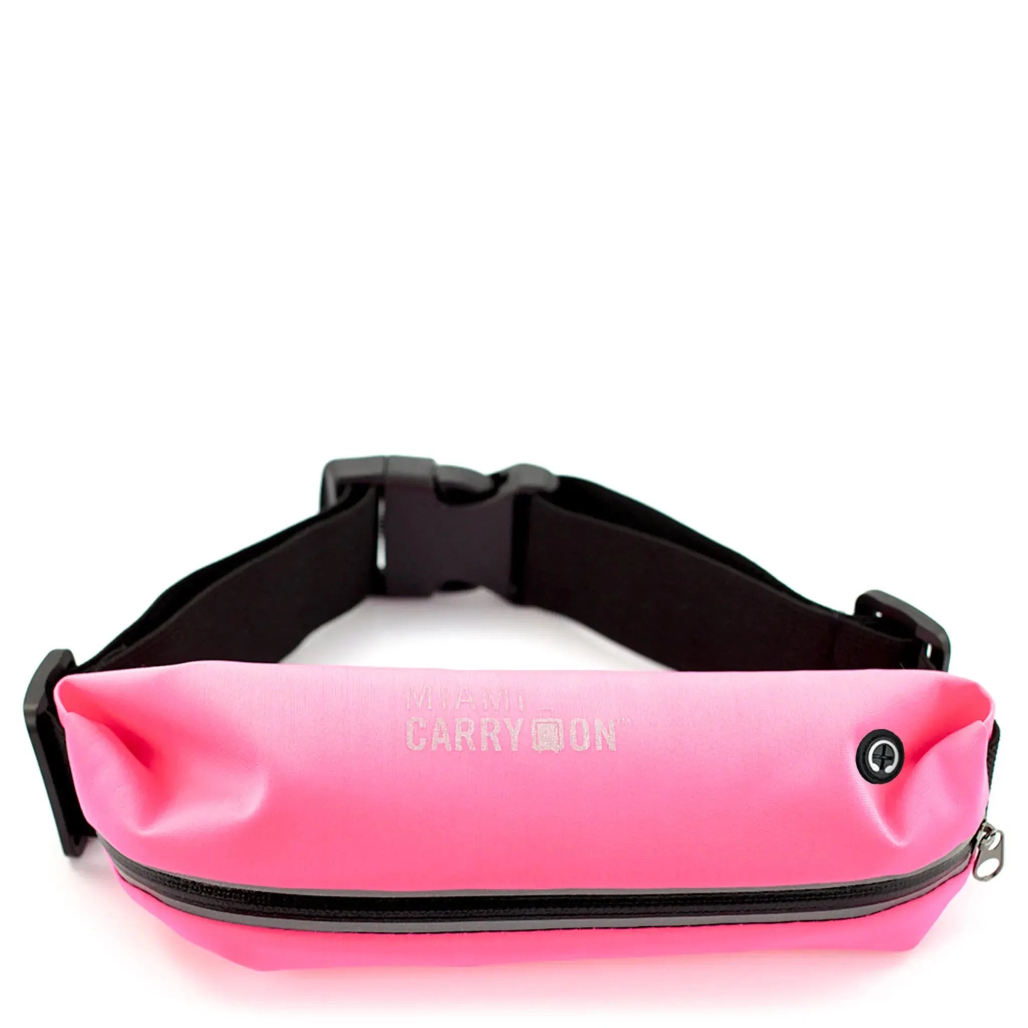 Pink waist bag with black strap on a white background