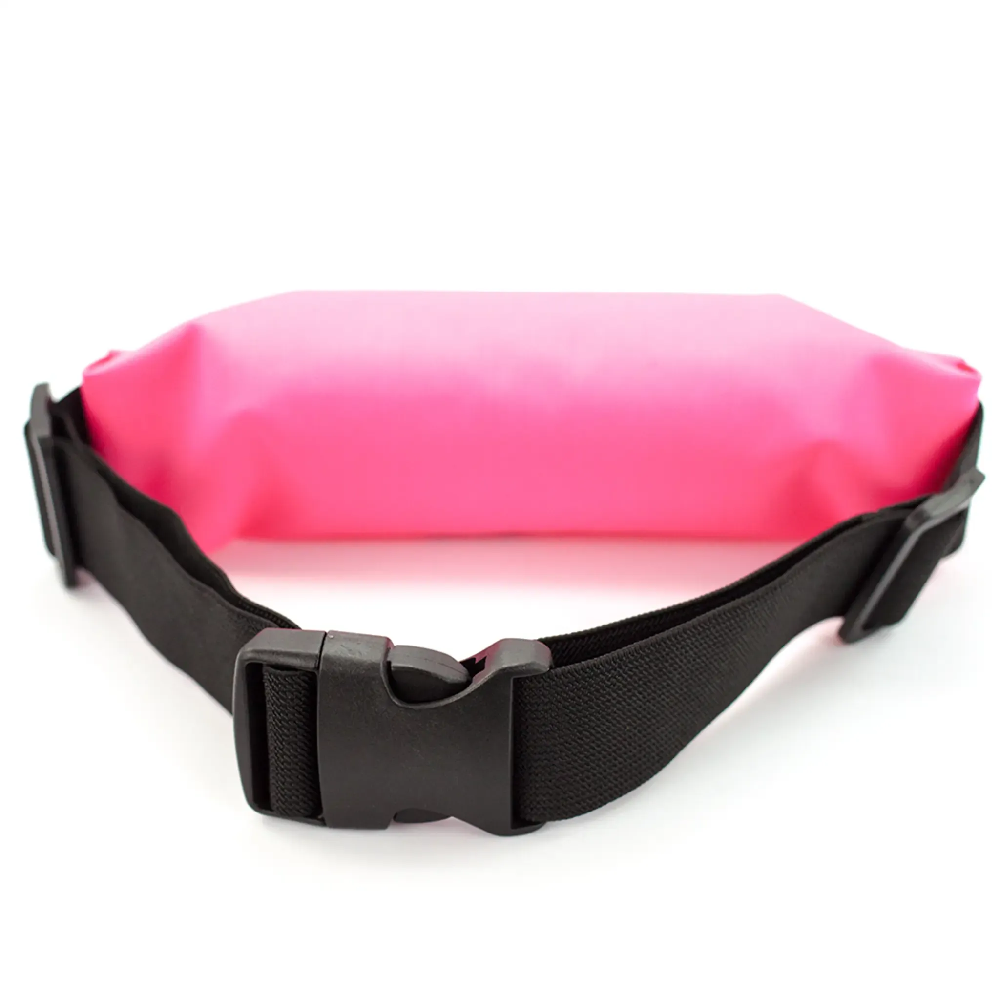 Pink waist bag with a black strap on a white background