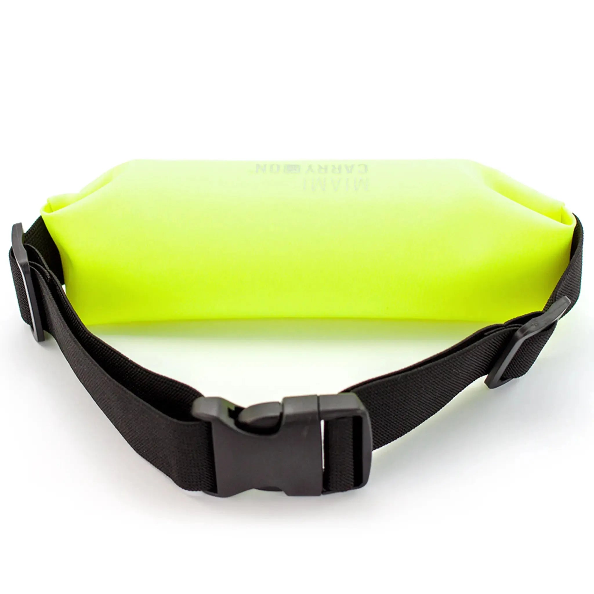 Neon yellow waist bag with a black strap on a white background