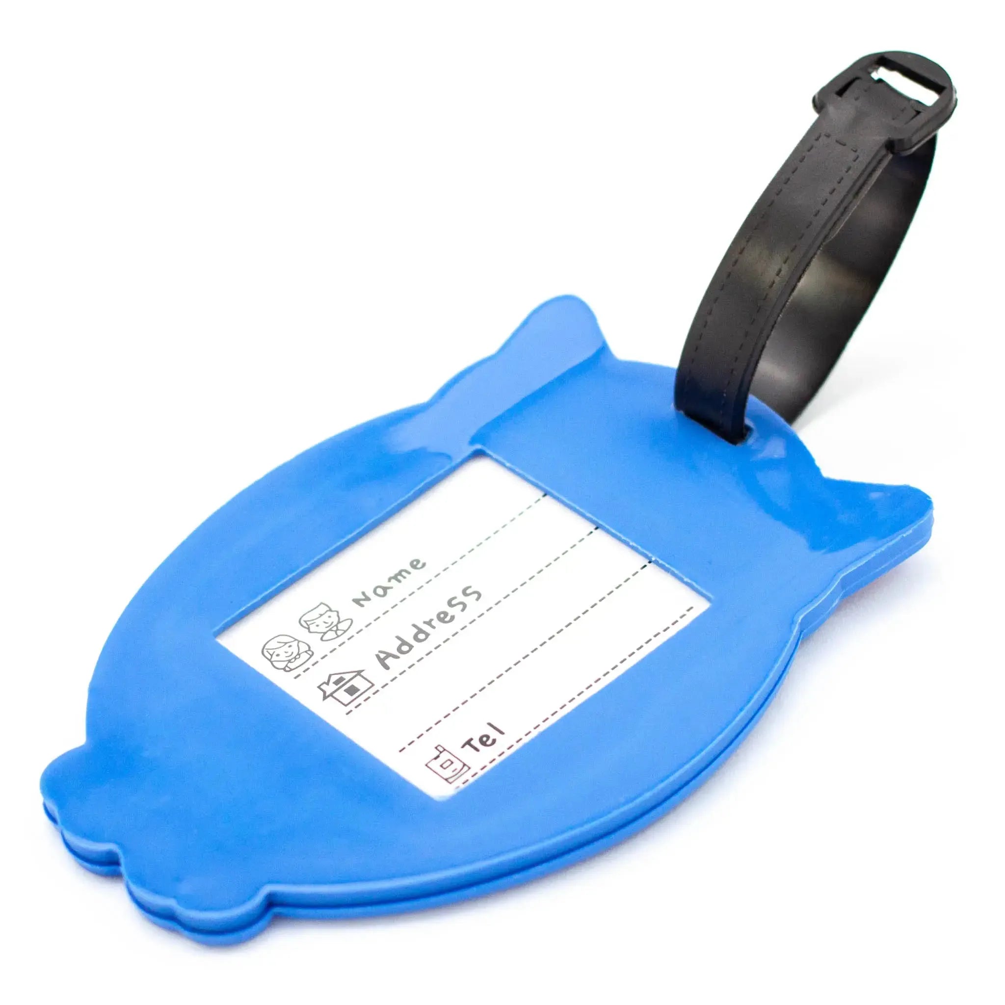 Blue luggage tag with a label for name, address, and phone number on a white background