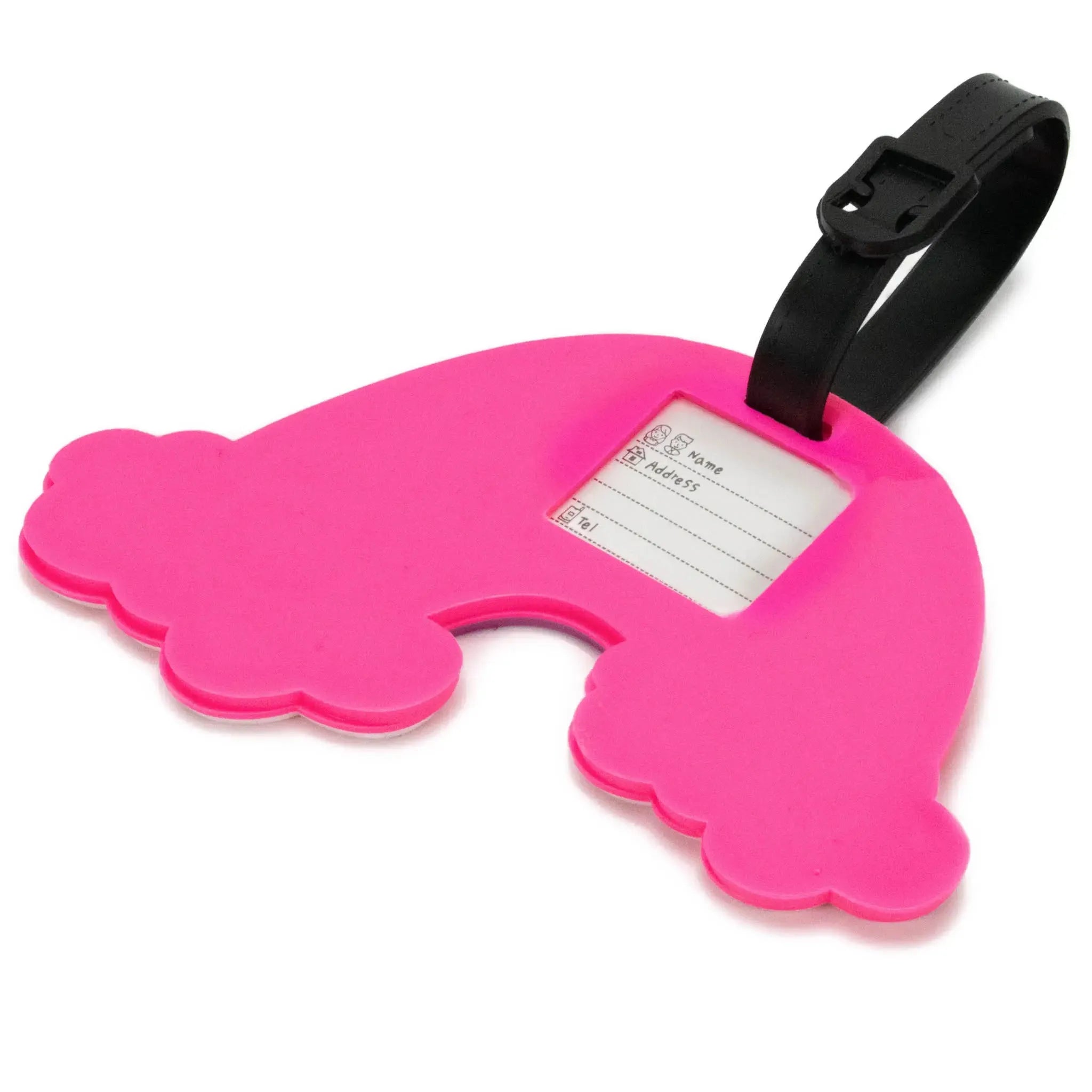 Pink dog-shaped luggage tag with a black strap on a white background