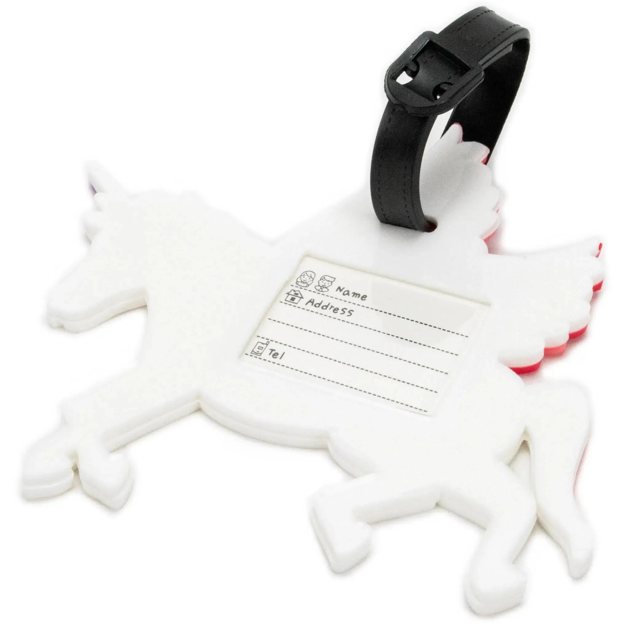 White plush toy with a black strap and label on a white background
