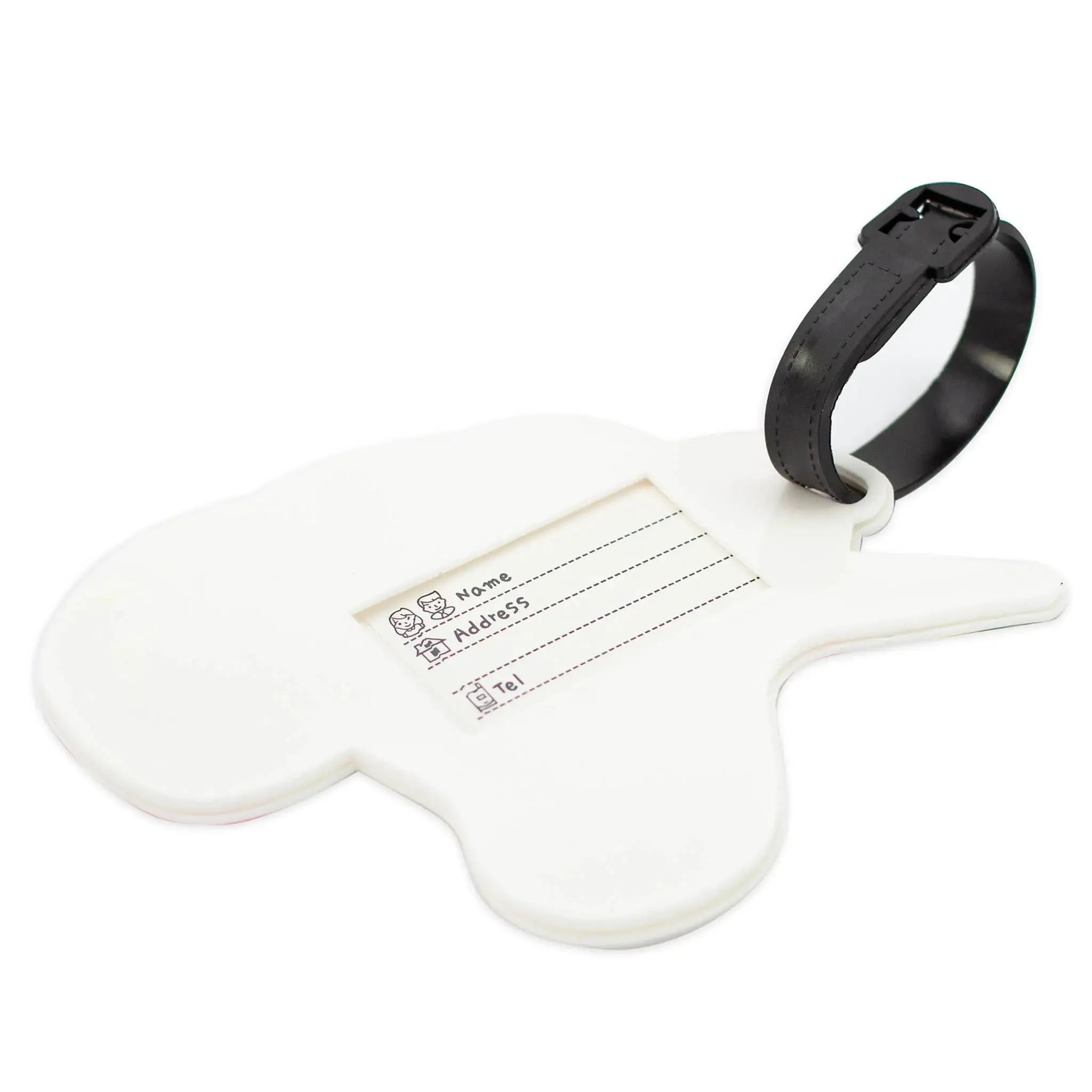 White luggage tag with black strap on a white background