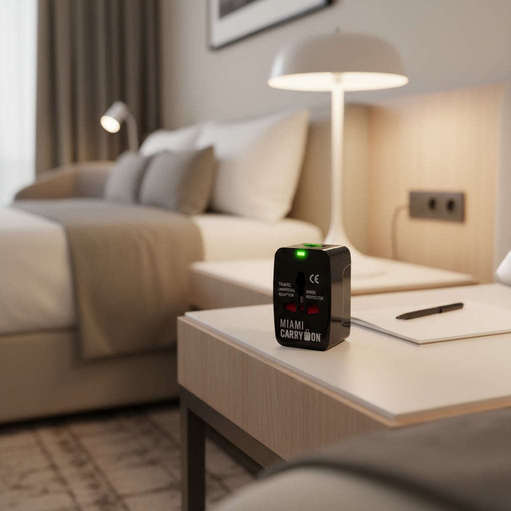 Travel universal adapter with surge protector held in a hand, branded 'Miami Carry On'.