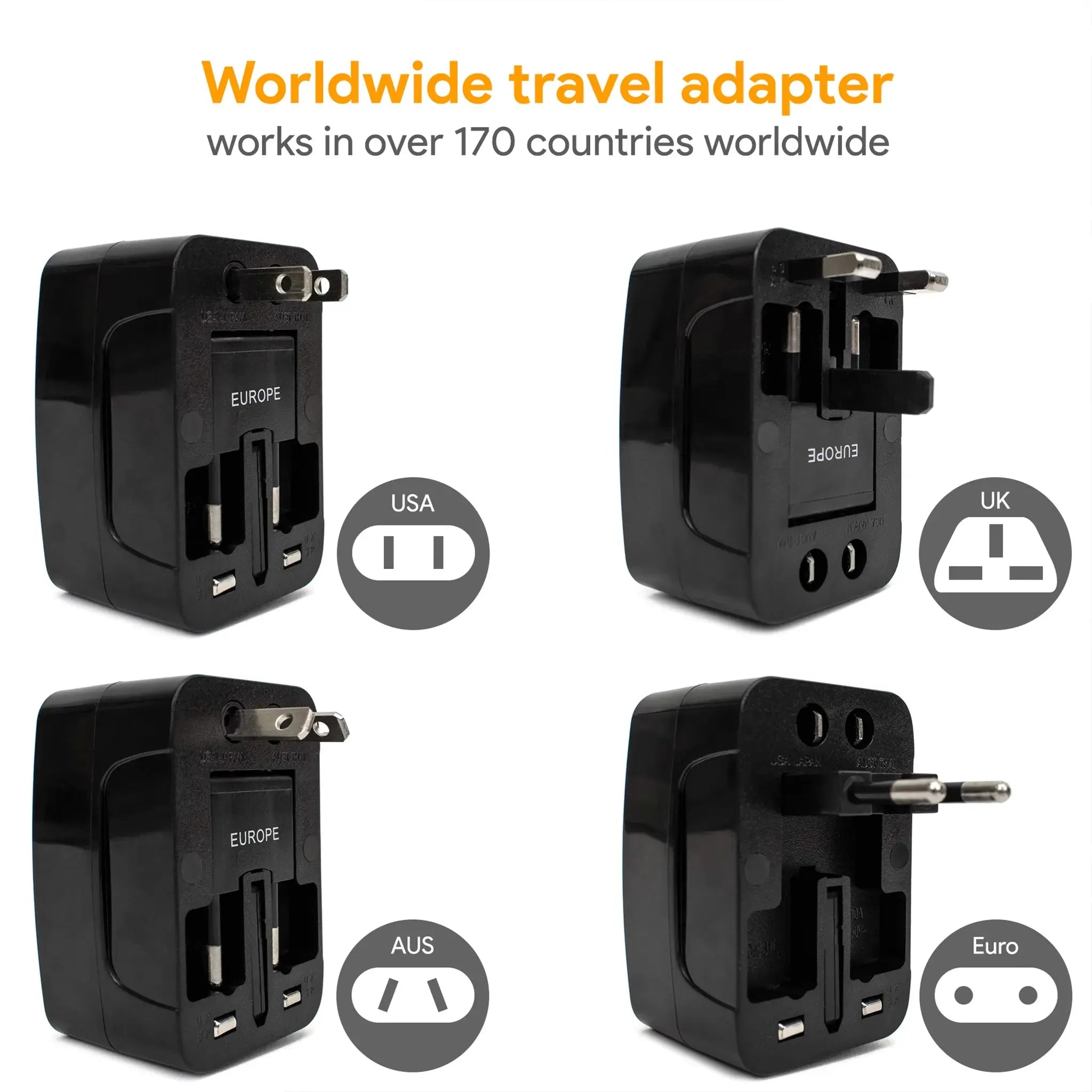 Black worldwide travel adapter with socket icons for different countries on a white background