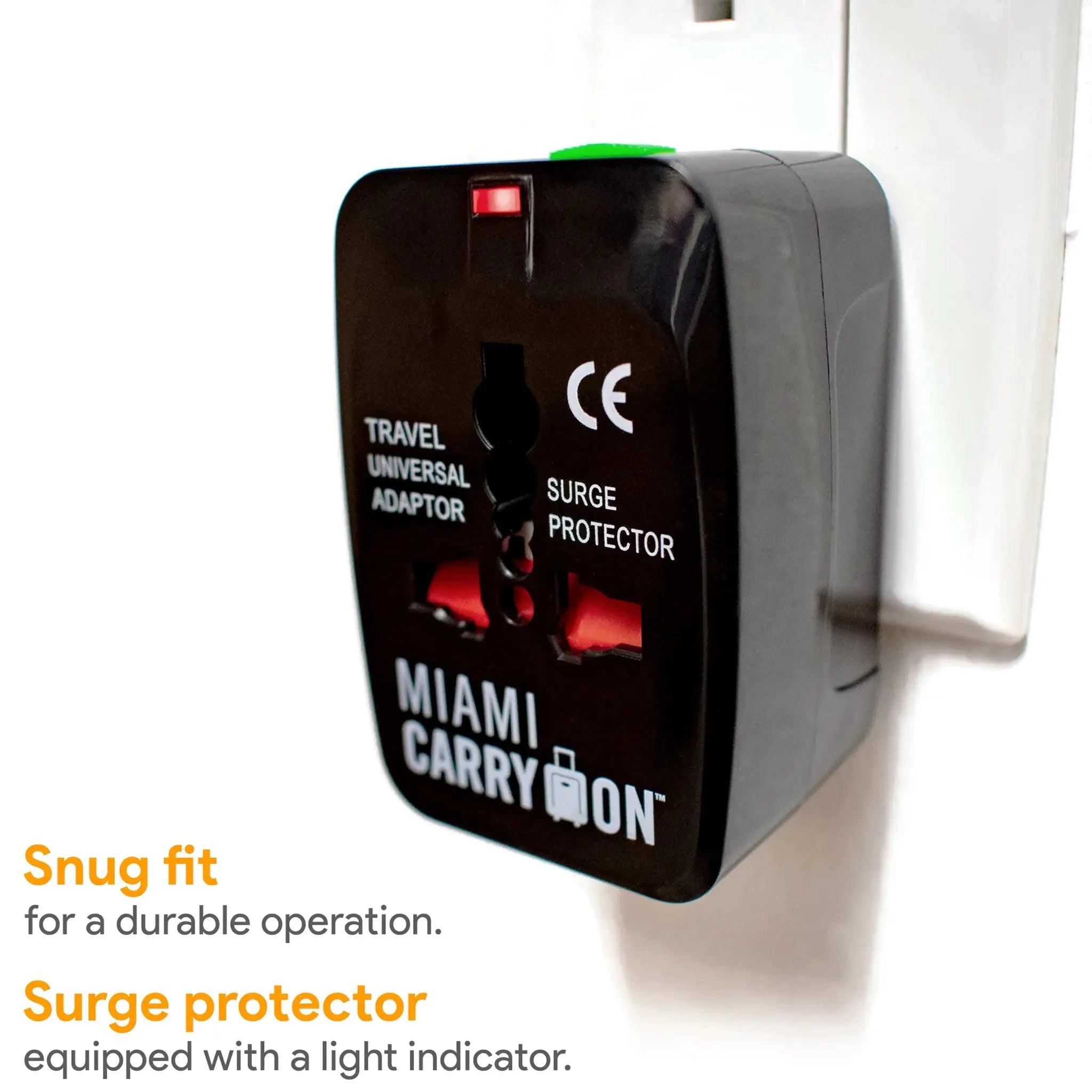 Travel adapter with surge protector and light indicator on a white background, branded 'Miami Carry On'.