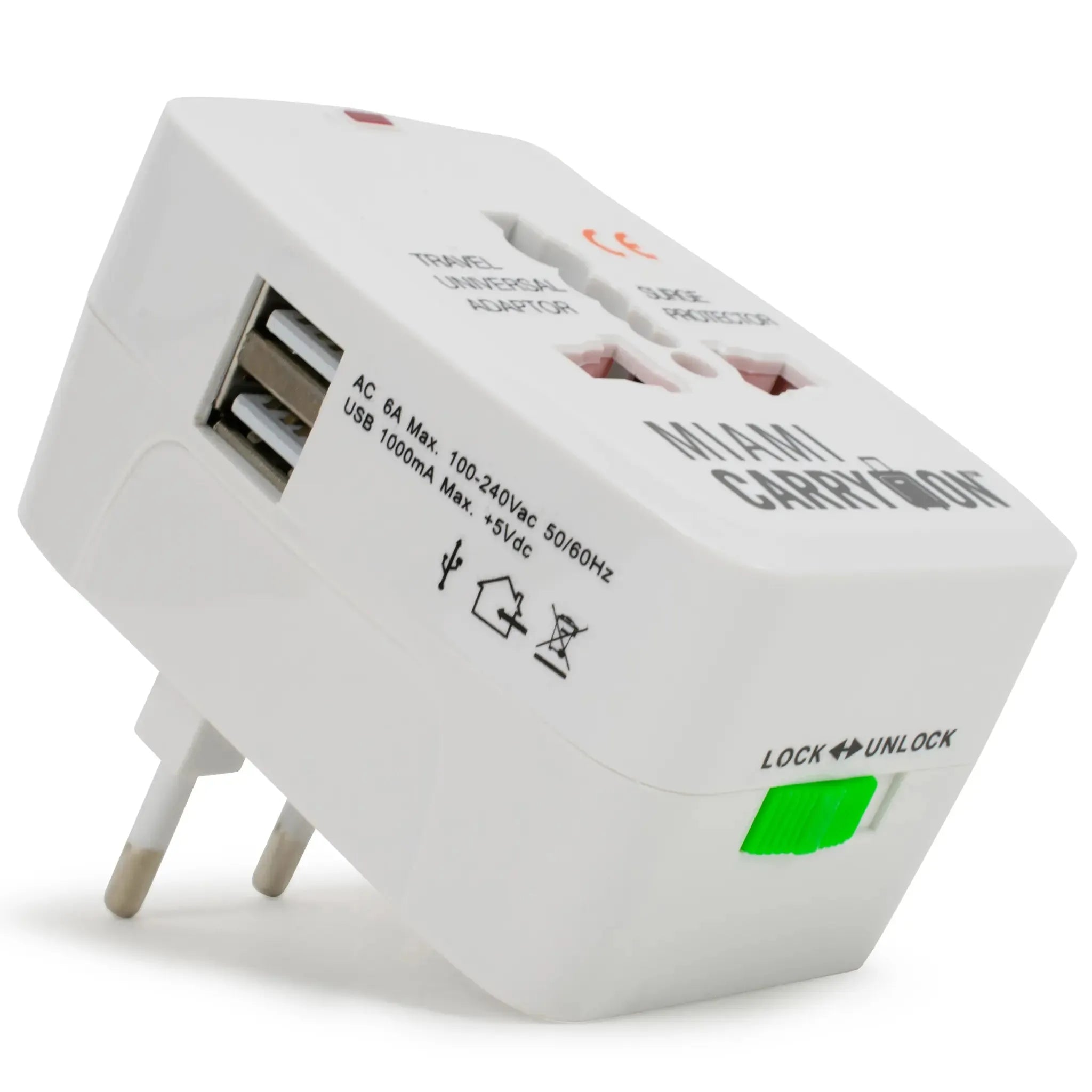 White travel adapter with USB port on a white background