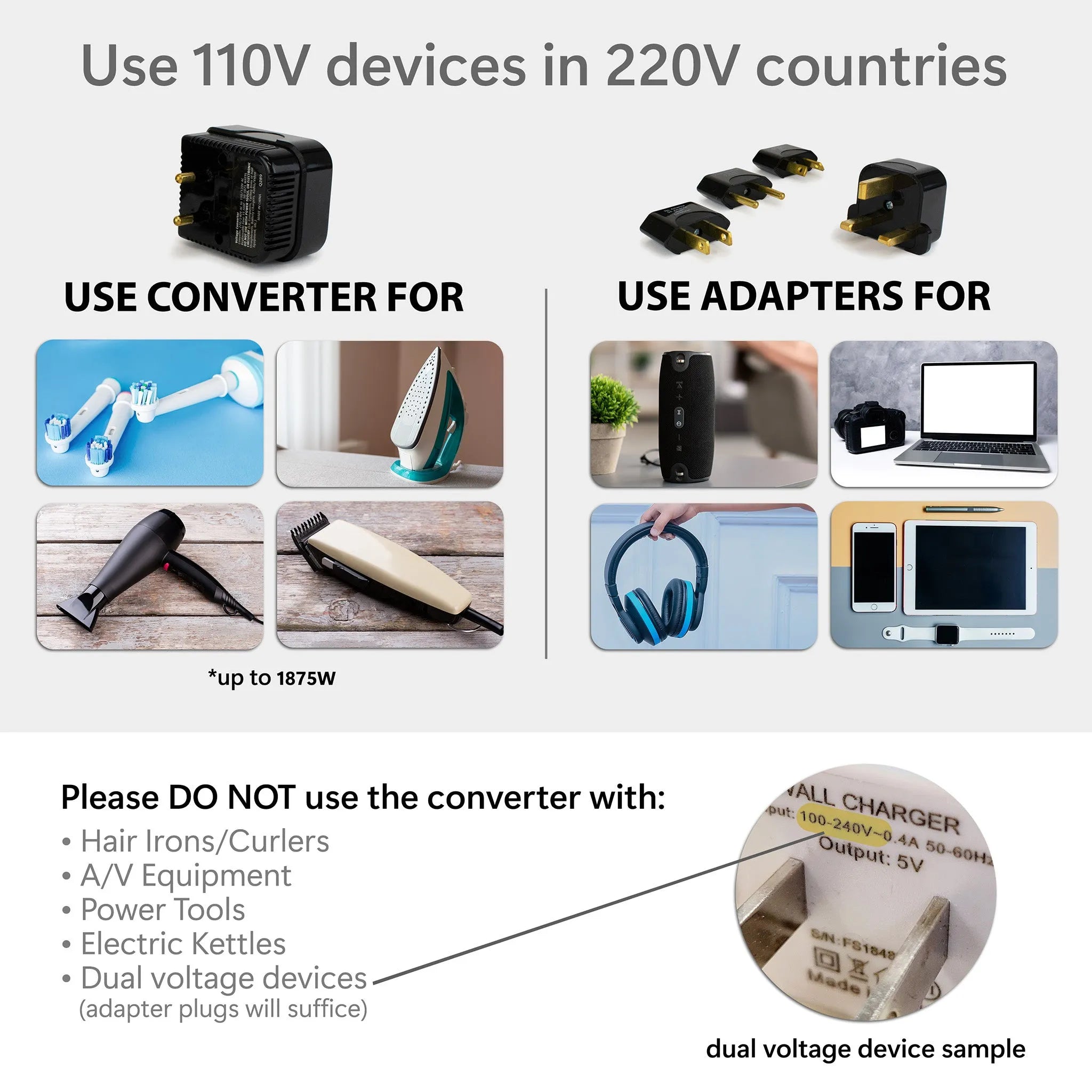Diagram showing the use of converters and adapters for electrical devices in different voltage countries.