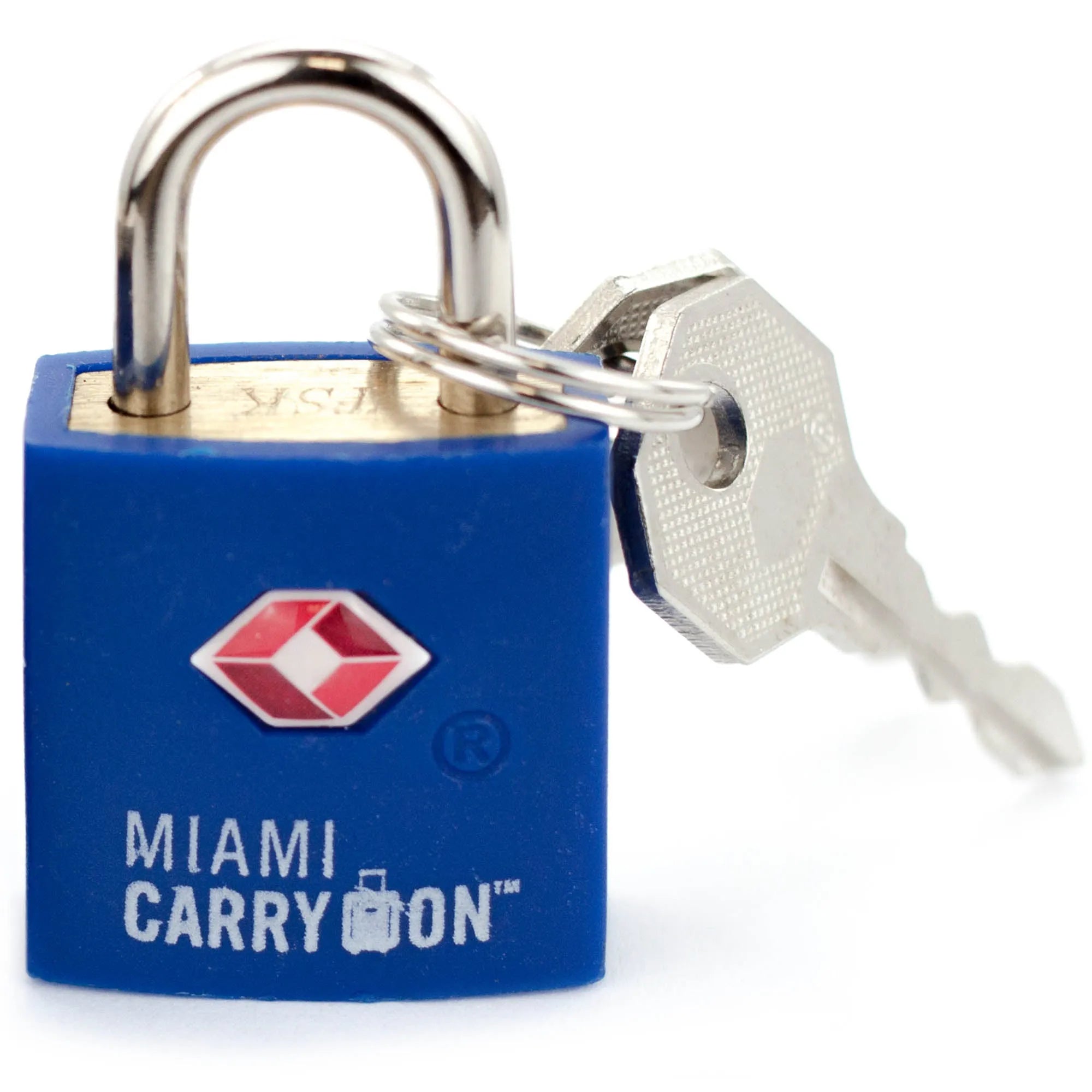 Blue padlock with key on a white background, featuring the 'Miami Carry-On' logo.