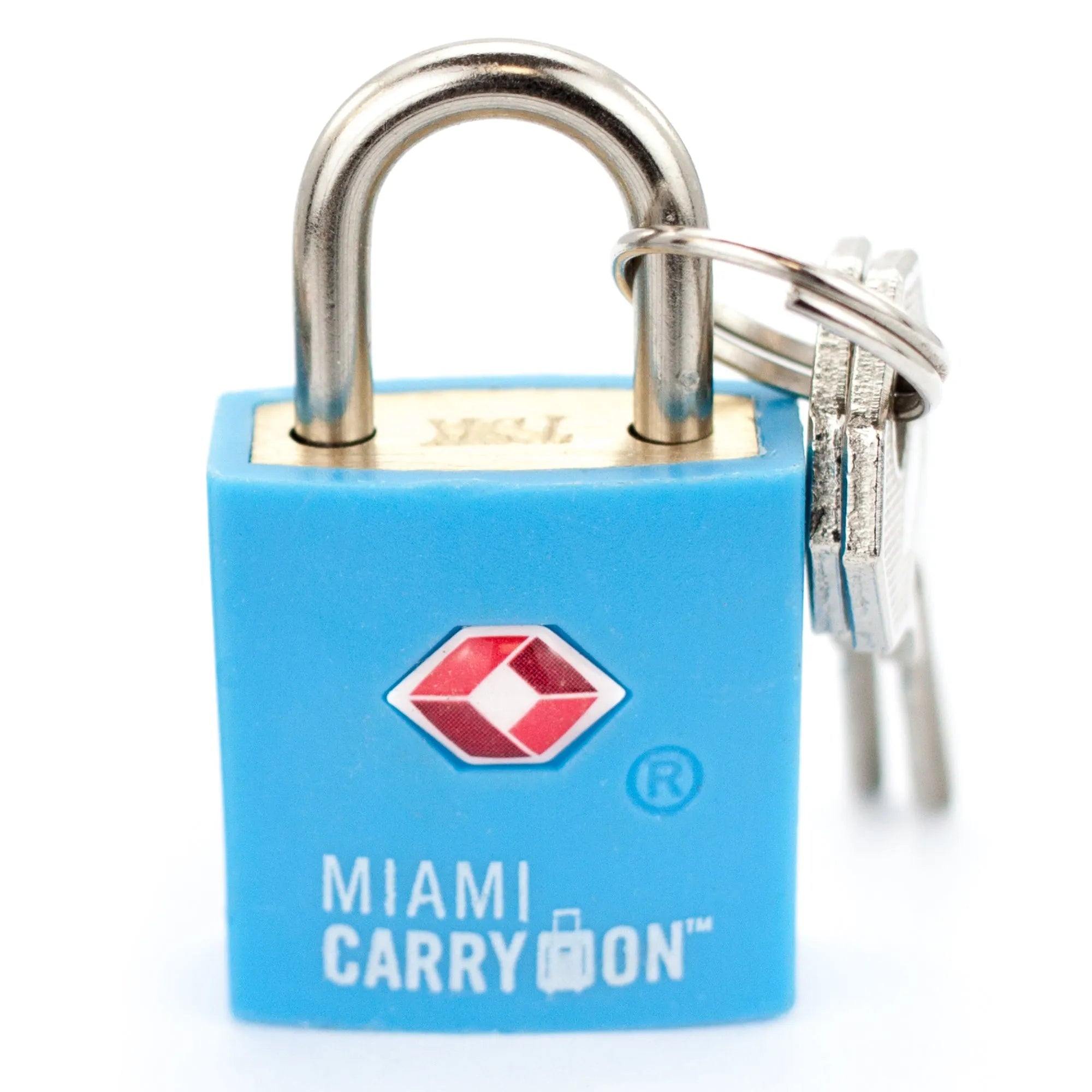 Blue padlock with 'Miami CarryOn' branding on a white background
