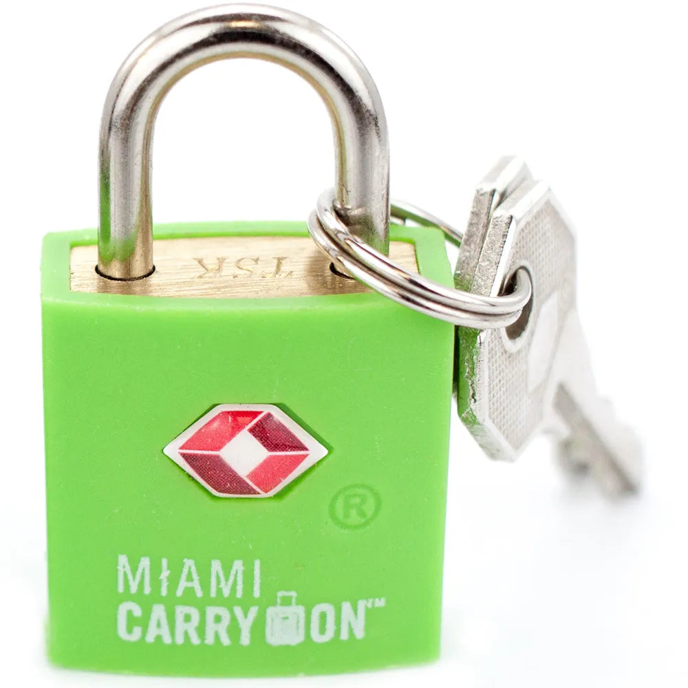 Green padlock with key on a white background, featuring the 'Miami Carry On' brand.