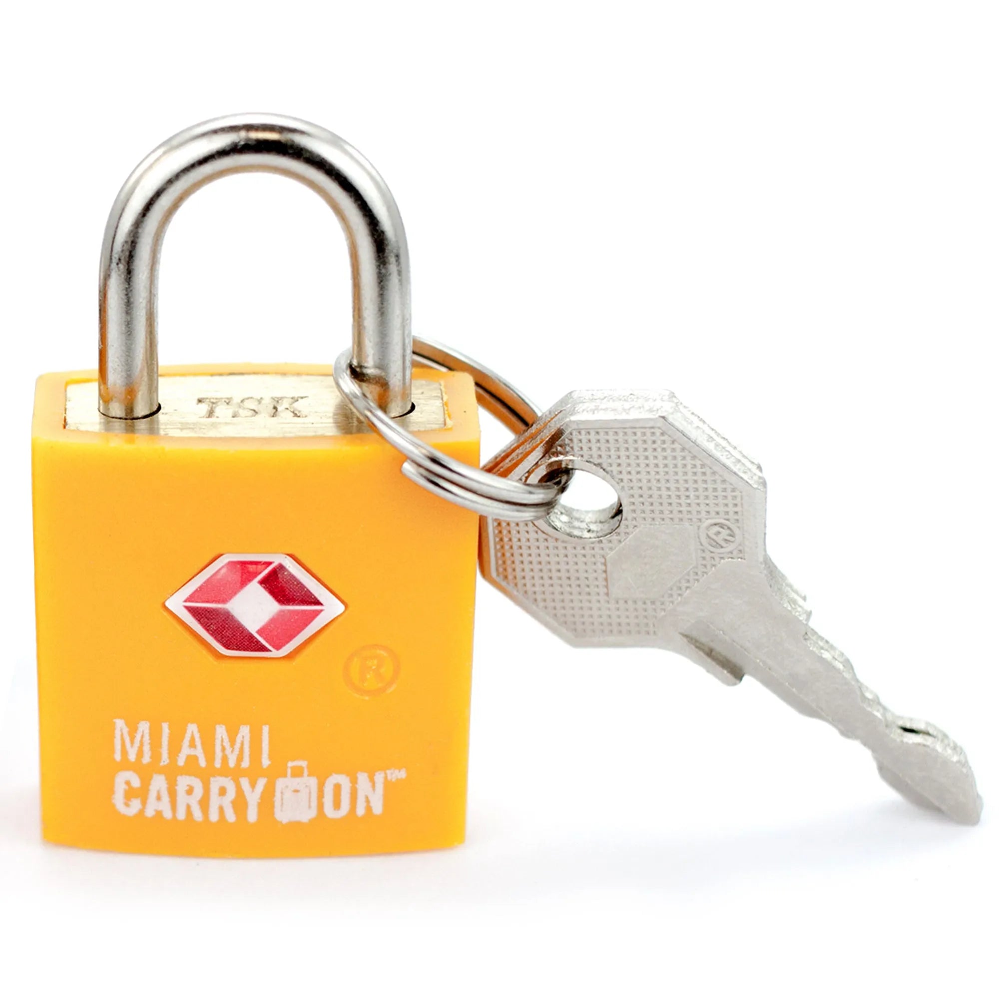 Yellow padlock with a key on a white background, featuring 'Miami Carry On' branding.