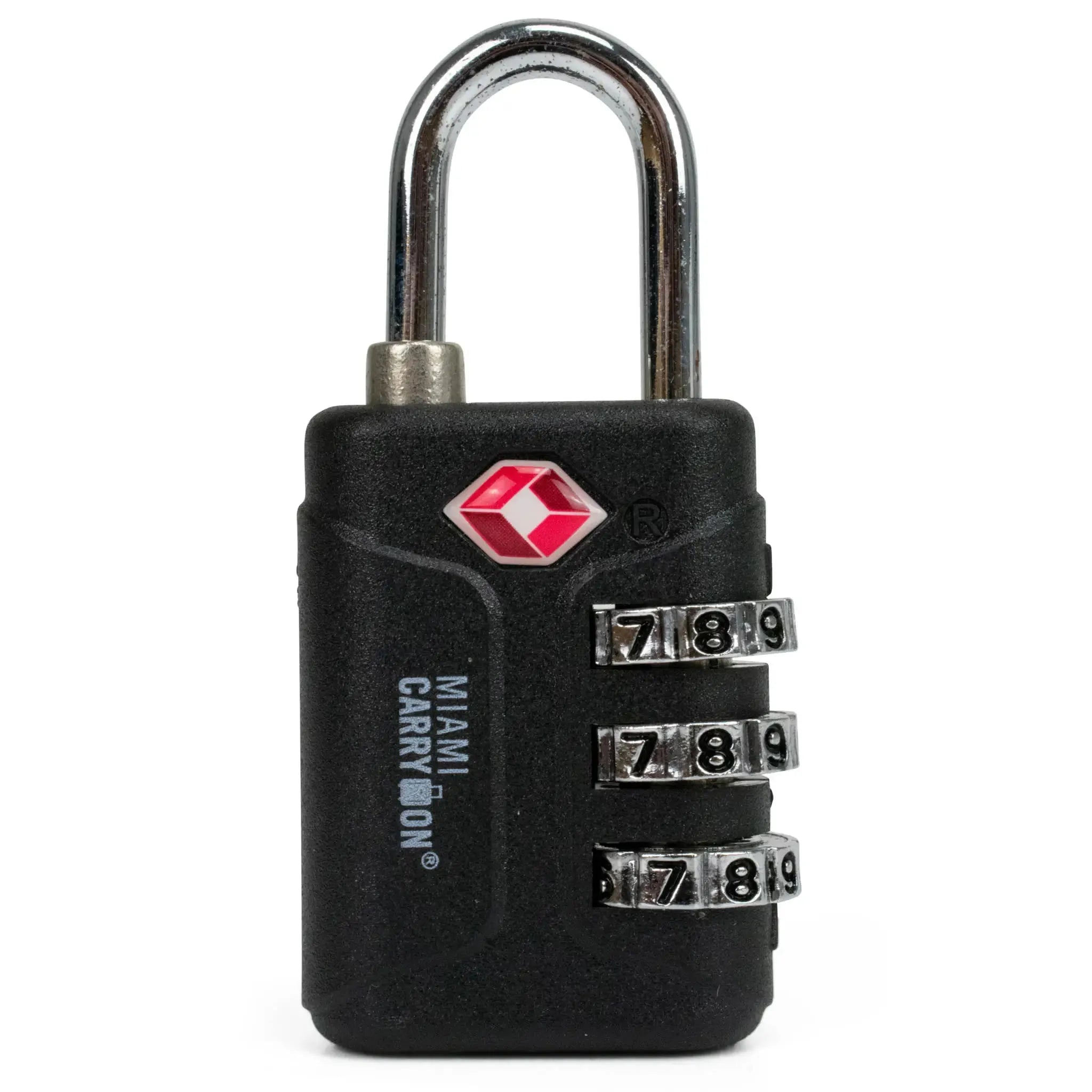 Black combination lock with a visible brand logo on a white background