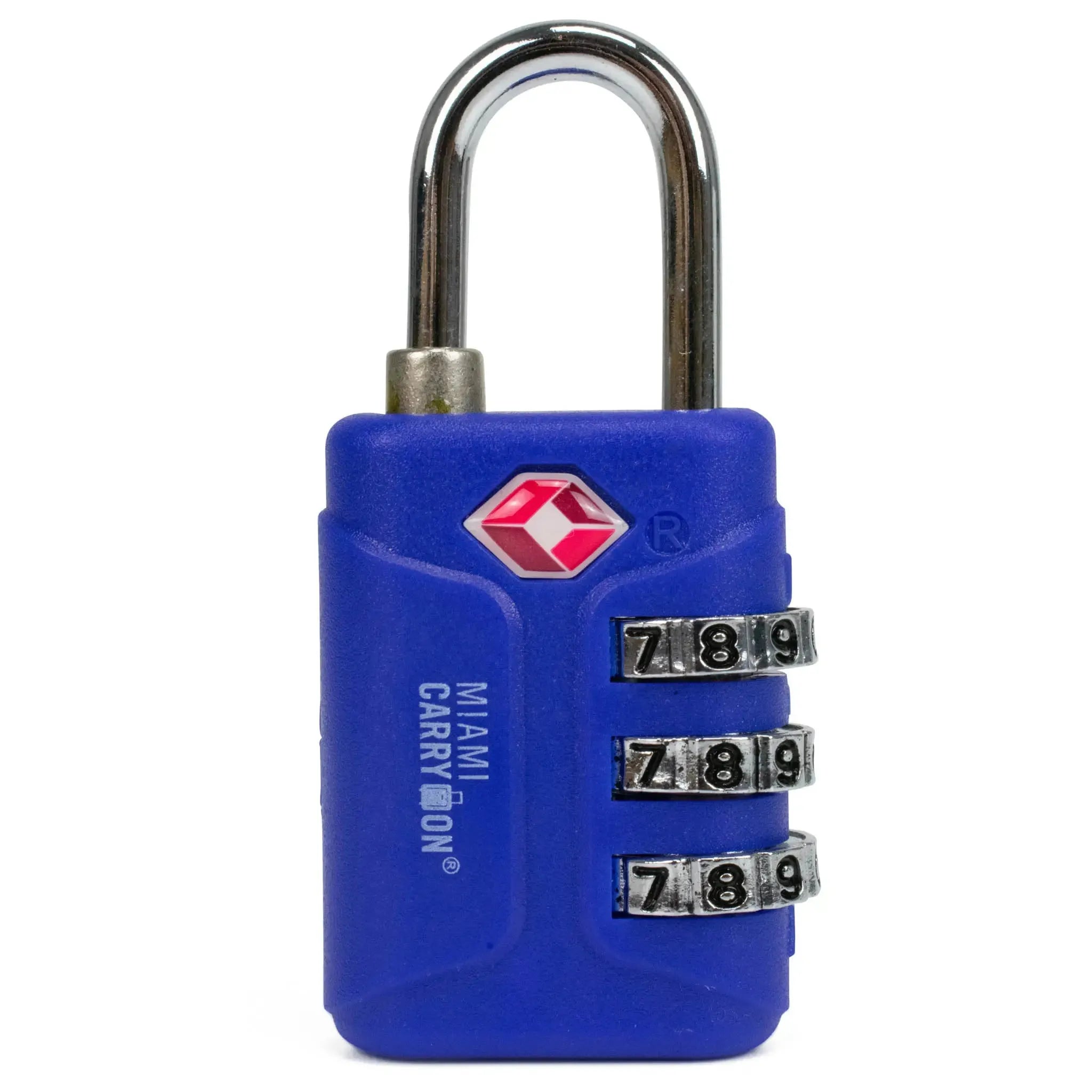 Blue combination lock with metal shackle on a white background