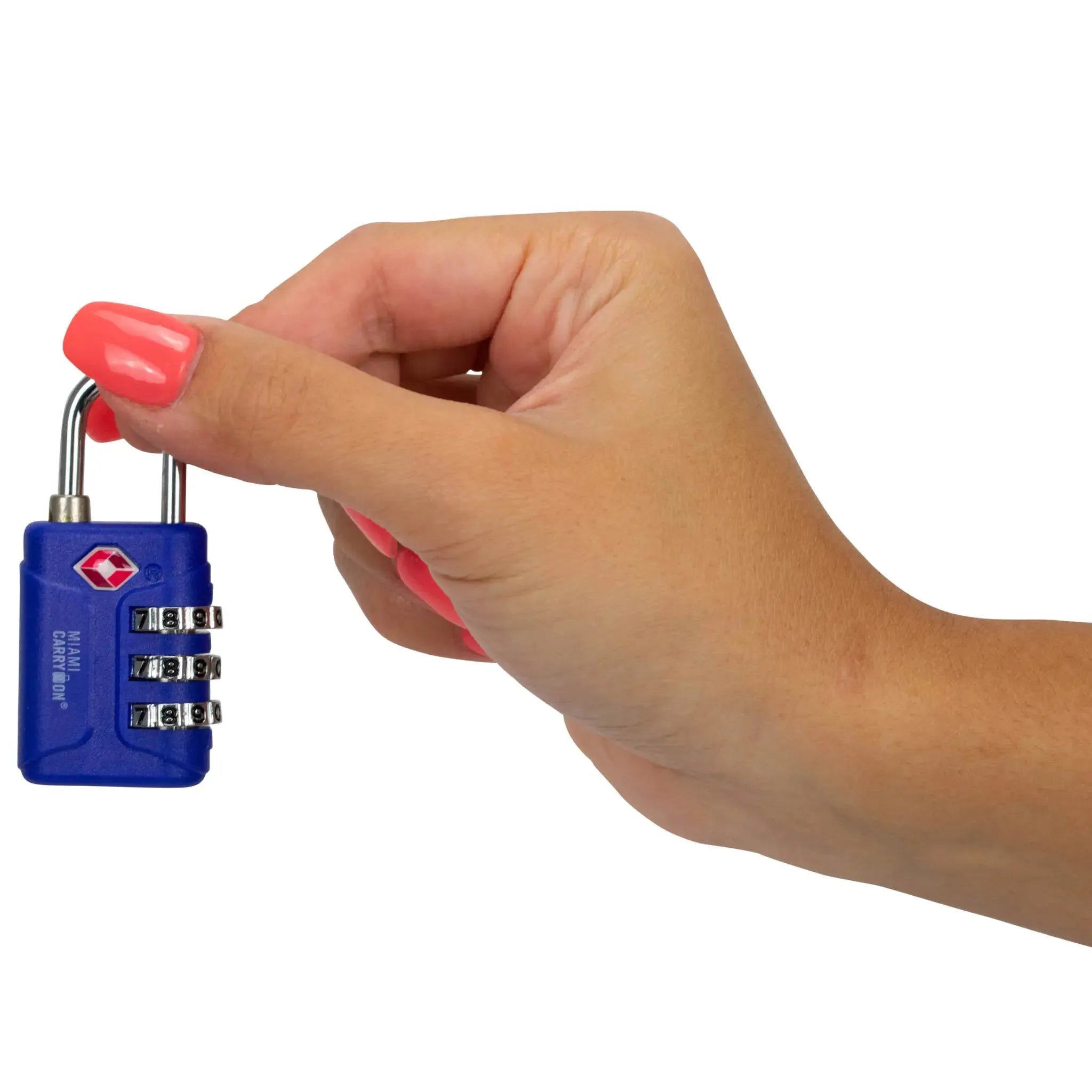 Hand holding a blue combination lock on a white background